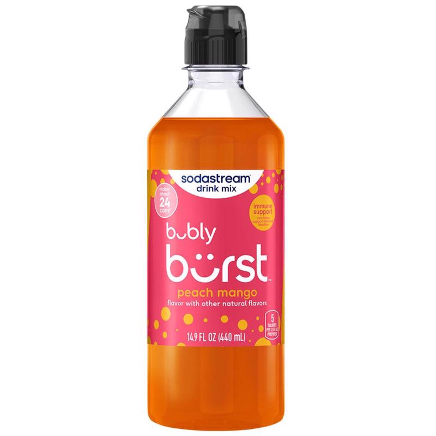 sodastream 1000 drink mix about 24 immune cons support bubly burst peach mango flavor with other natural flavors

14.9 FL OZ (440 mL)

5 CLORED REVER