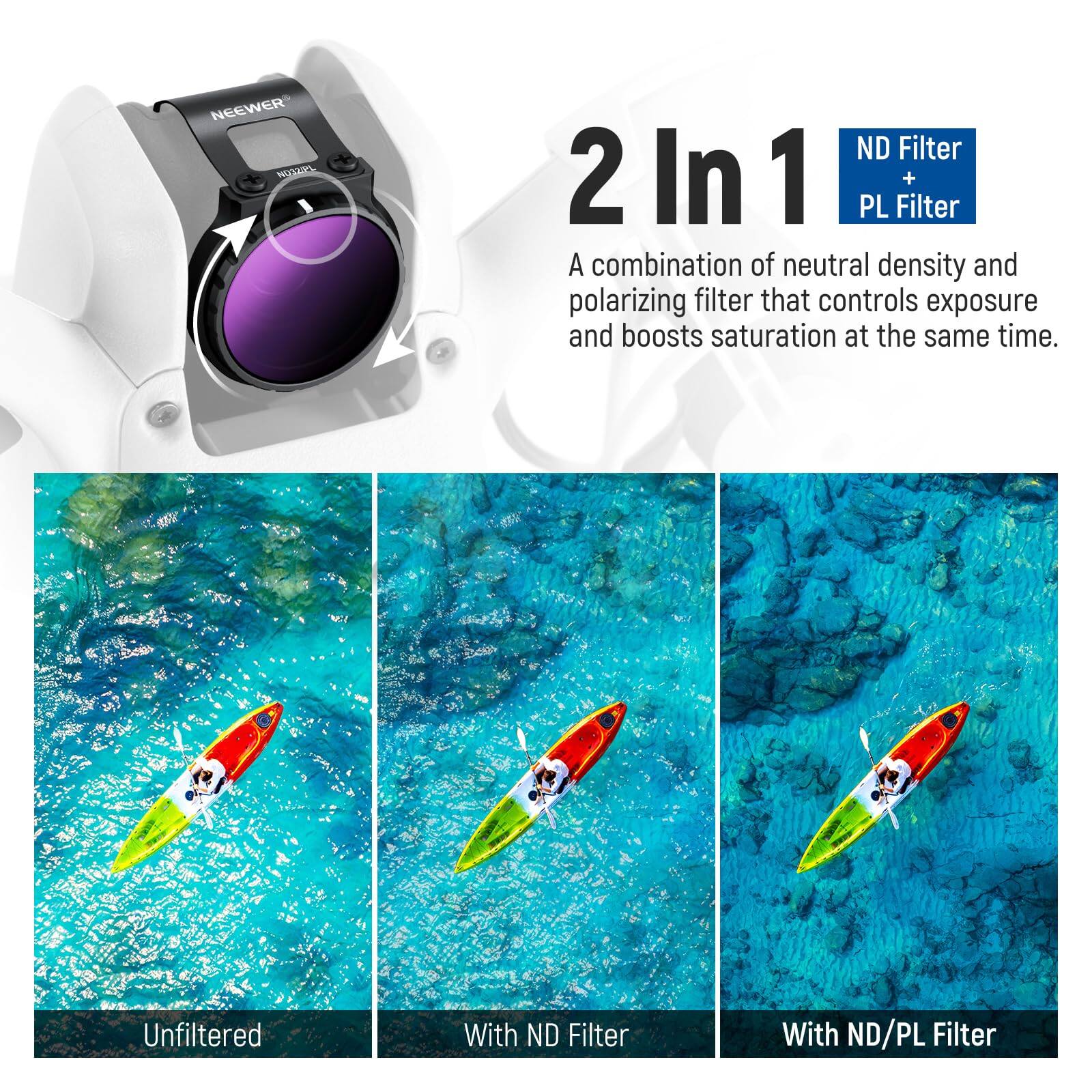 NEEWER ND Filter 2 In 1 PL Filter

A combination of neutral density and polarizing filter that controls exposure and boosts saturation at the same time.

Unfiltered | With ND Filter | With ND/PL Filter