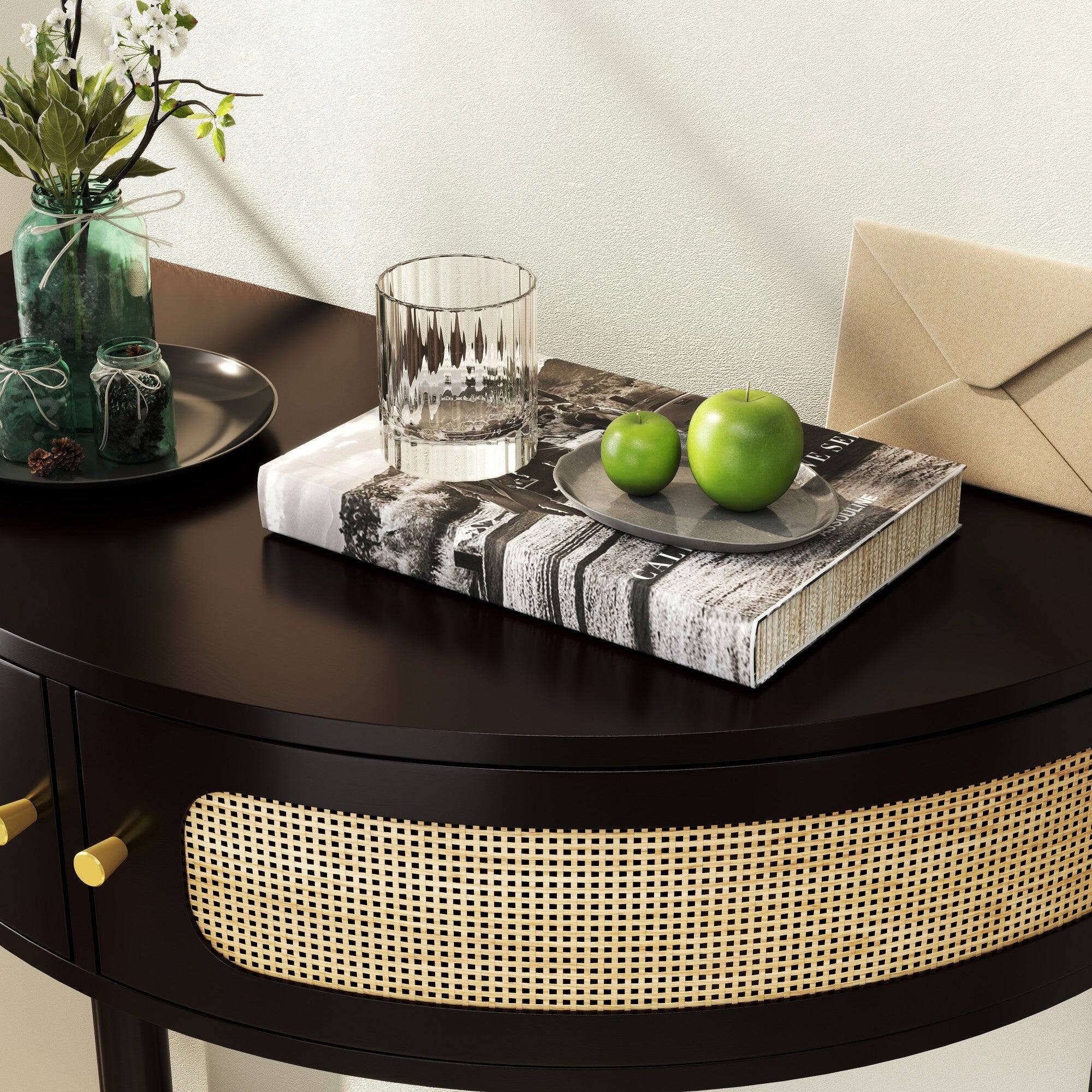 Left. Boyel Living - 31.88 in Boho Half Moon Console Table with Sliding Rattan Doors and Bottom Shelf Black - Black.