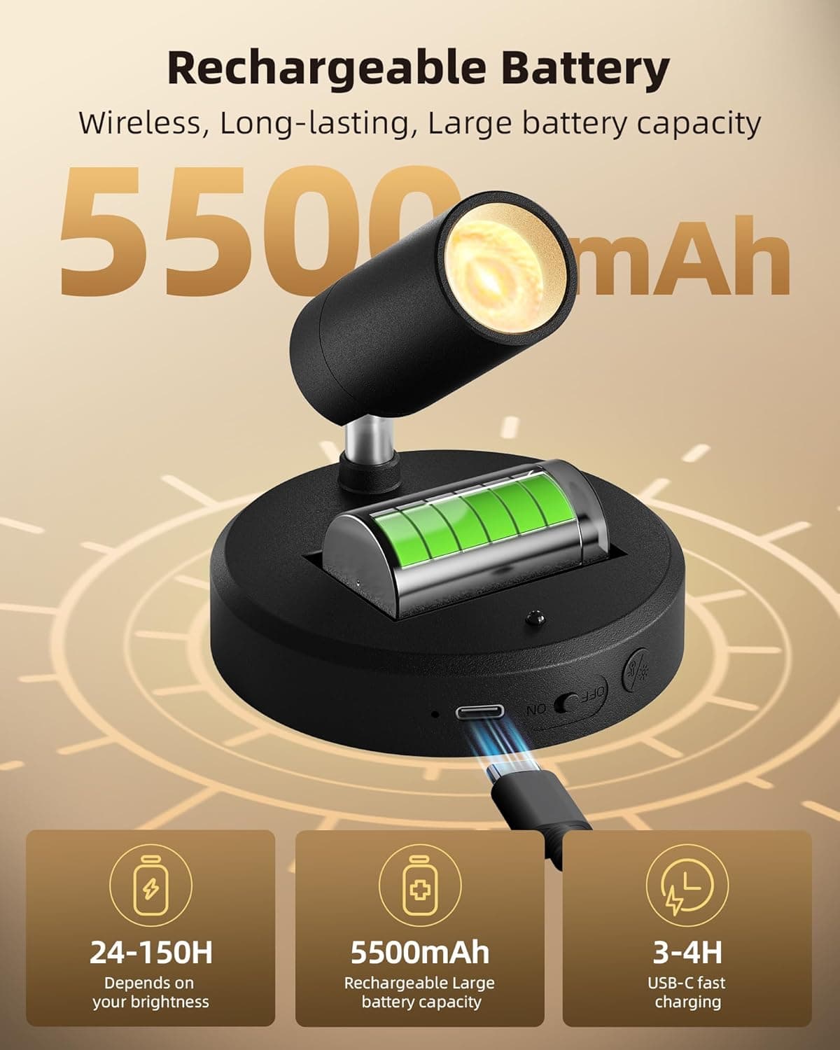 Rechargeable Battery  
Wireless, Long-lasting, Large battery capacity  
5500 mAh  

- 24-150H Depends on your brightness  
- 5500mAh Rechargeable Large battery capacity  
- 3-4H USB-C fast charging