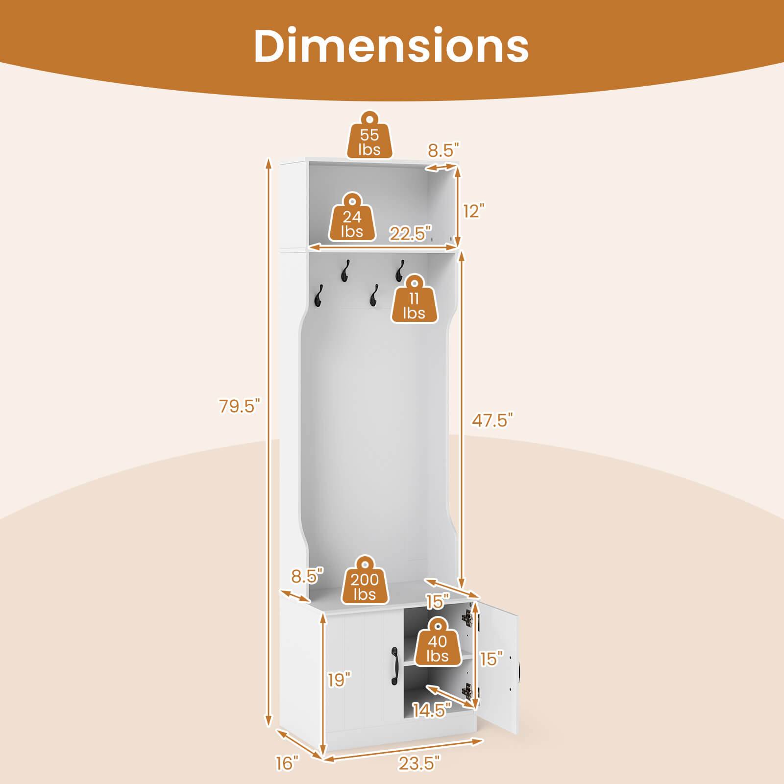 Dimensions:  
- 55 lbs  
- 8.5"  
- 24 lbs  
- 22.5"  
- 12"  
- 11 lbs  
- 79.5"  
- 47.5"  
- 8.5"  
- 200 lbs  
- 15"  
- 19"  
- 40 lbs  
- 14.5"  
- 15"  
- 16"  
- 23.5"