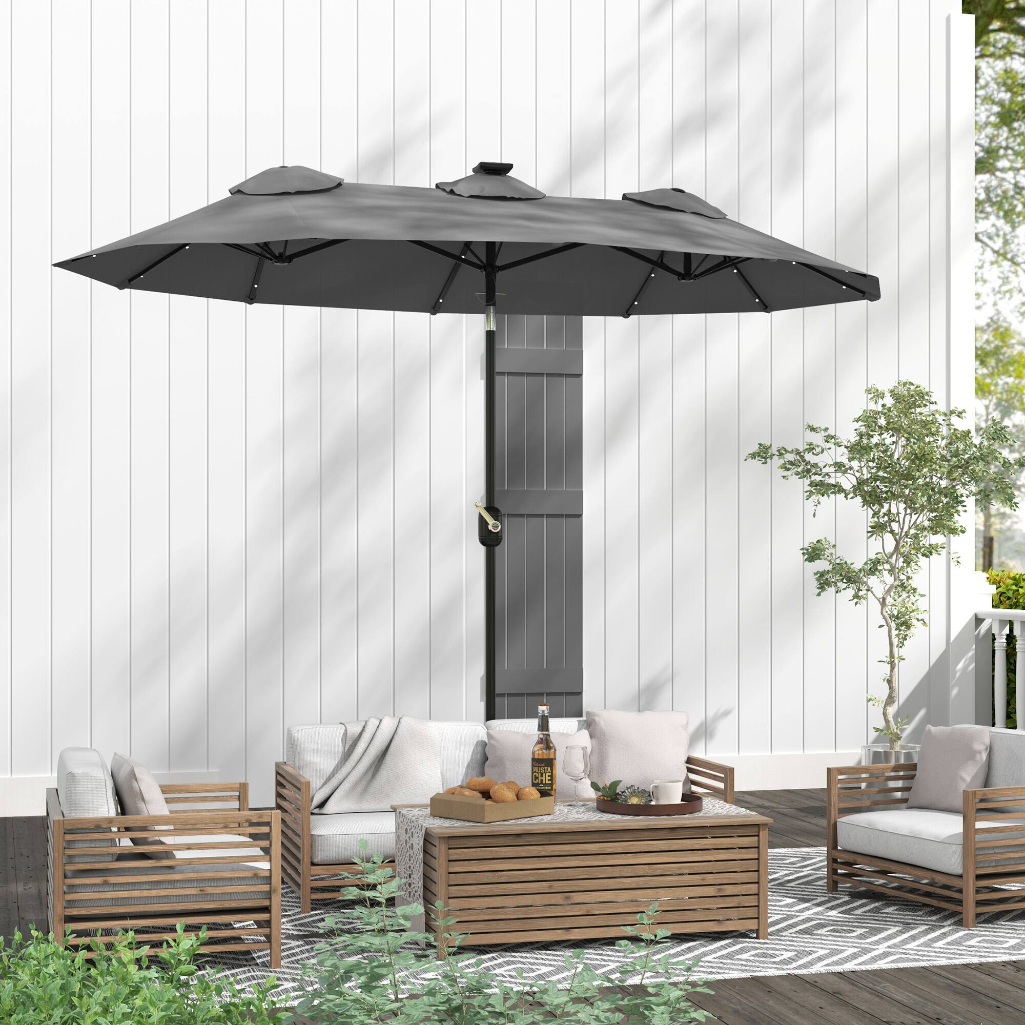 Alt View 5. Outsunny - Double Sided Patio Umbrella, 9.7' Large Outdoor Market Umbrella with LED Solar Light, Tilt and Crank, 3 Air Vents - Gray.