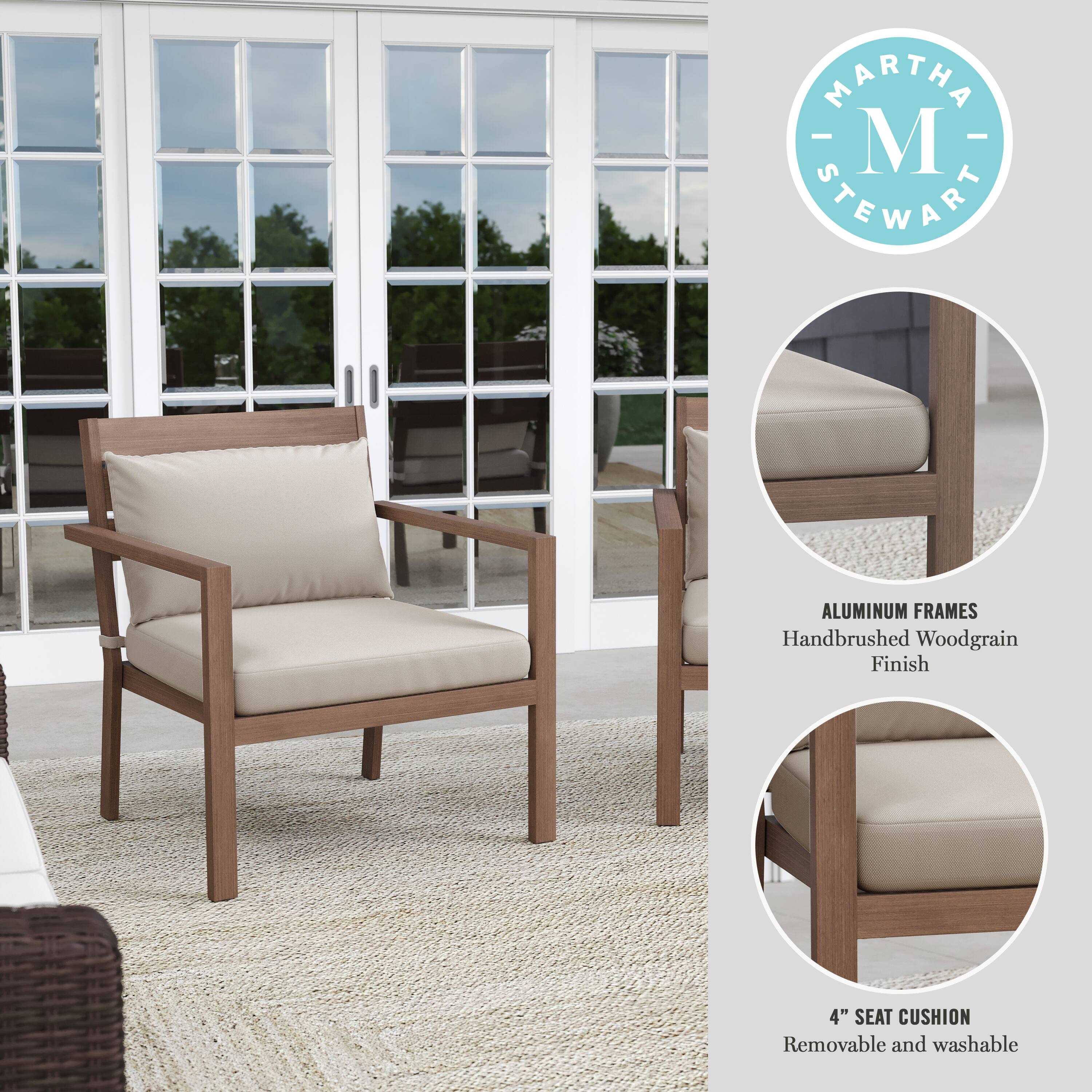 The text on the image reads: "Martha Stewart Aluminum Frames Handbrushed Woodgrain Finish 4" Seat Cushion Removable and washable."