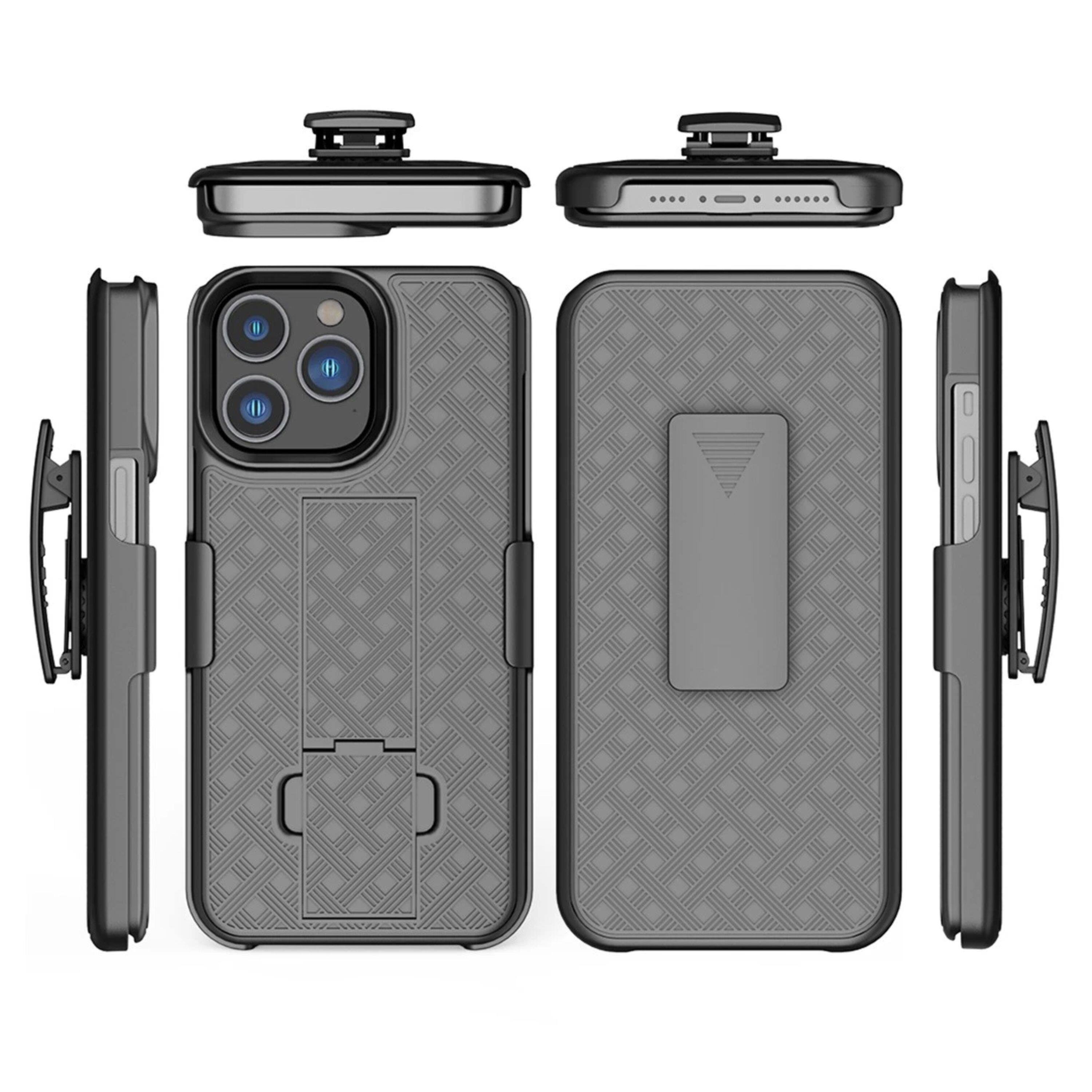 Back. Kitcheniva - 3 in 1 Belt-Clip Holster Kickstand Phone Case With 2 Pcs Tempered Glass For iPhone 15 - Black.