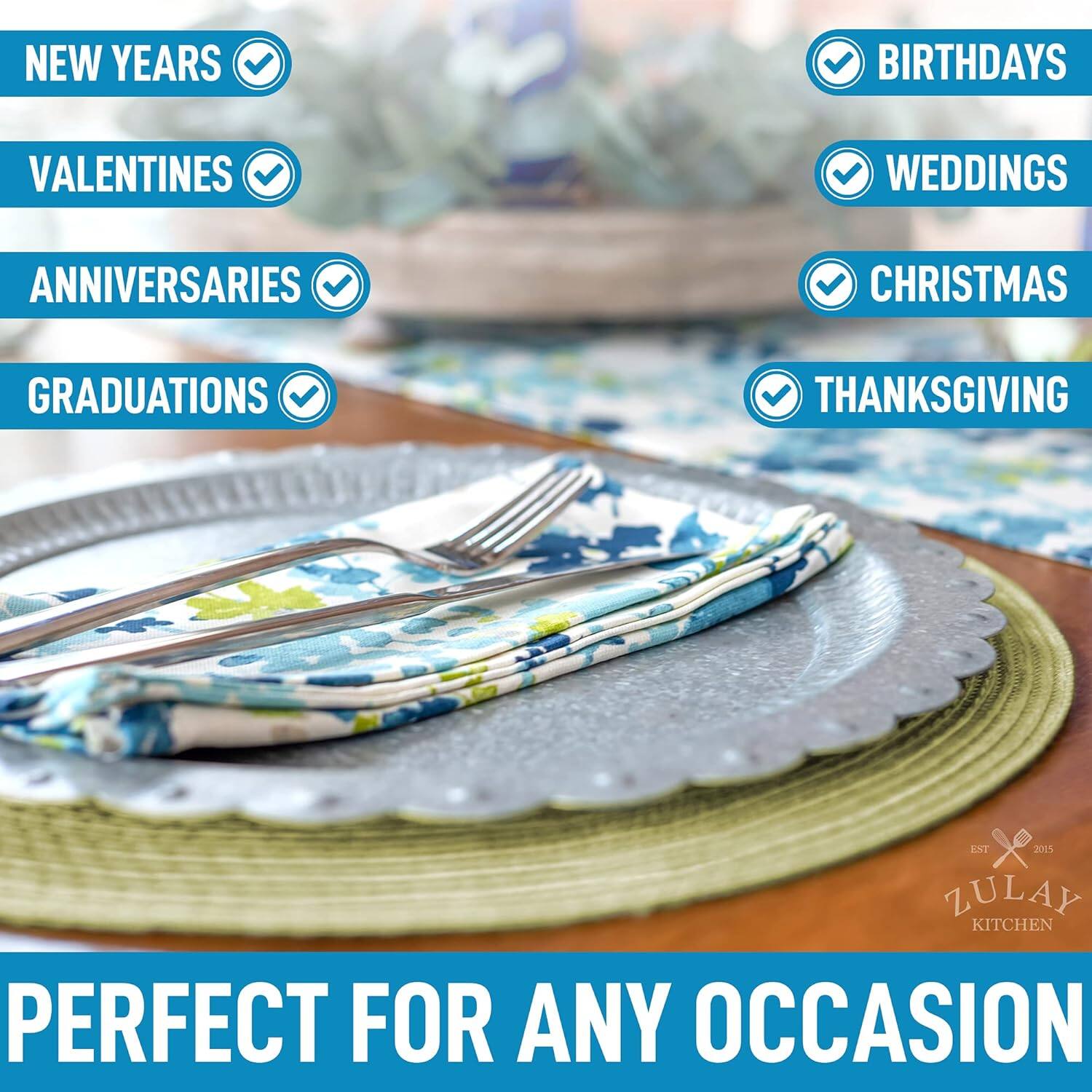 The text in the image can be grouped and corrected as follows:

**Occasions:**
- New Years
- Birthdays
- Valentines
- Weddings
- Anniversaries
- Graduations
- Christmas
- Thanksgiving

**Additional Information:**
- Perfect for any occasion
- Zulay Kitchen

**Year:**
- EST 2015