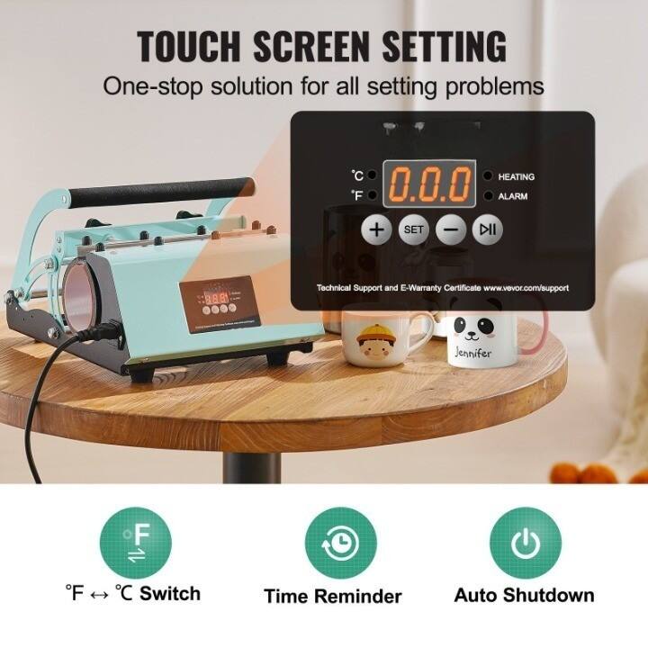 TOUCH SCREEN SETTING  
One-stop solution for all setting problems  

°C 0.0.0  
°F  

HEATING  
ALARM  

Technical Support and E-Warranty Certificate www.vevor.com/support  

°F ↔ °C Switch  
Time Reminder  
Auto Shutdown