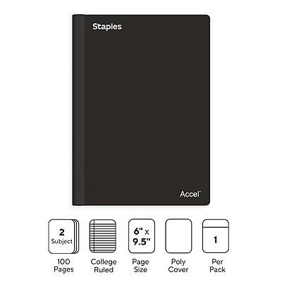 Staples Accel  
Subject  
2 Subject  
100 Pages  
College Ruled  
6" x 9.5" Page Size  
Poly Cover  
Per Pack