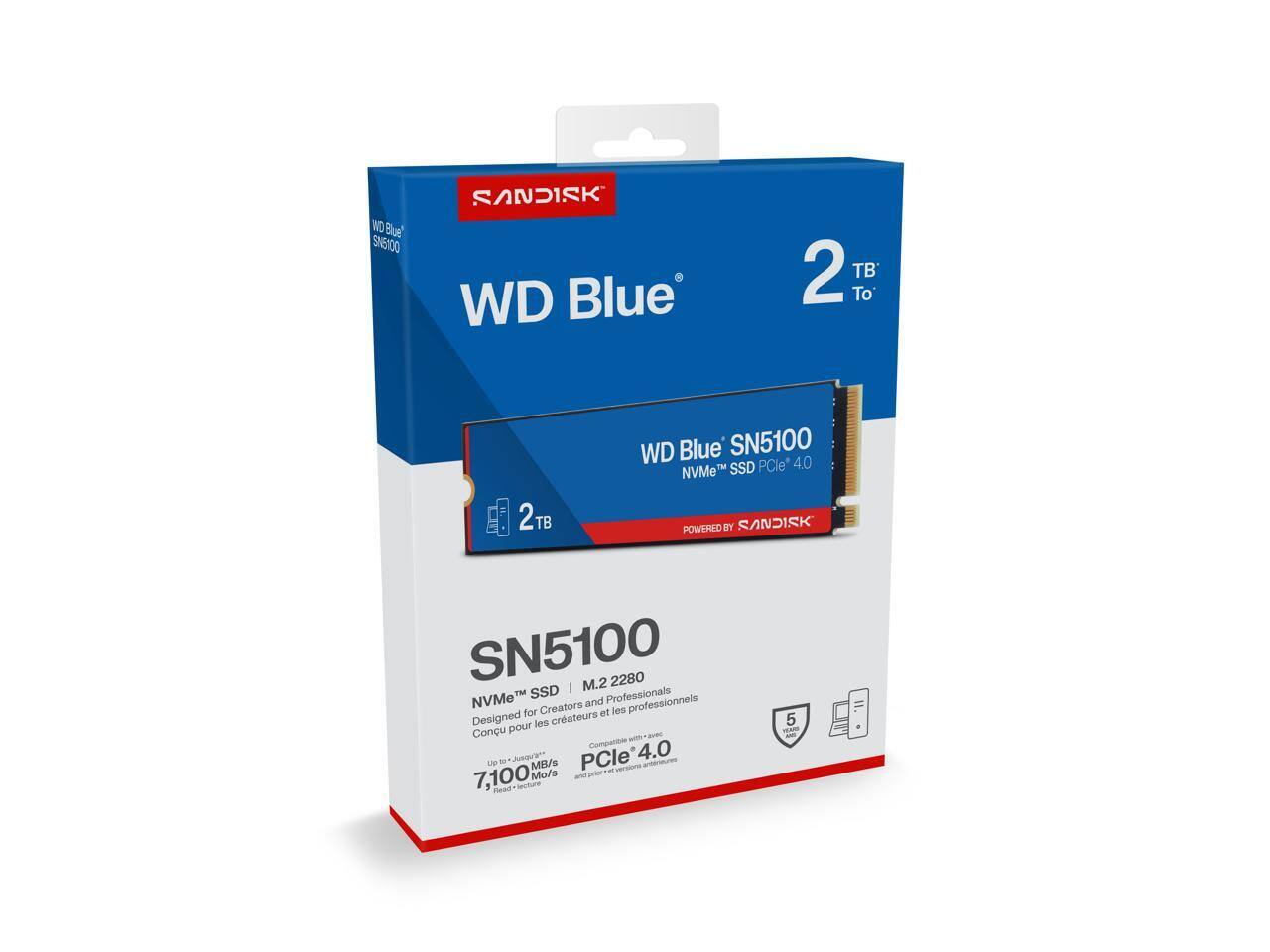 WD Blue SN5100  
2 TB  
NVMe™ SSD | M.2 2280  
Designed for Creators and Professionals  
Conçu pour les créateurs et les professionnels  
Up to 7,100 MB/s Read and 5,300 MB/s Write  
Read: 7,100 MB/s  
Write: 5,300 MB/s  
PCIe® 4.0  
Powered by SANDISK