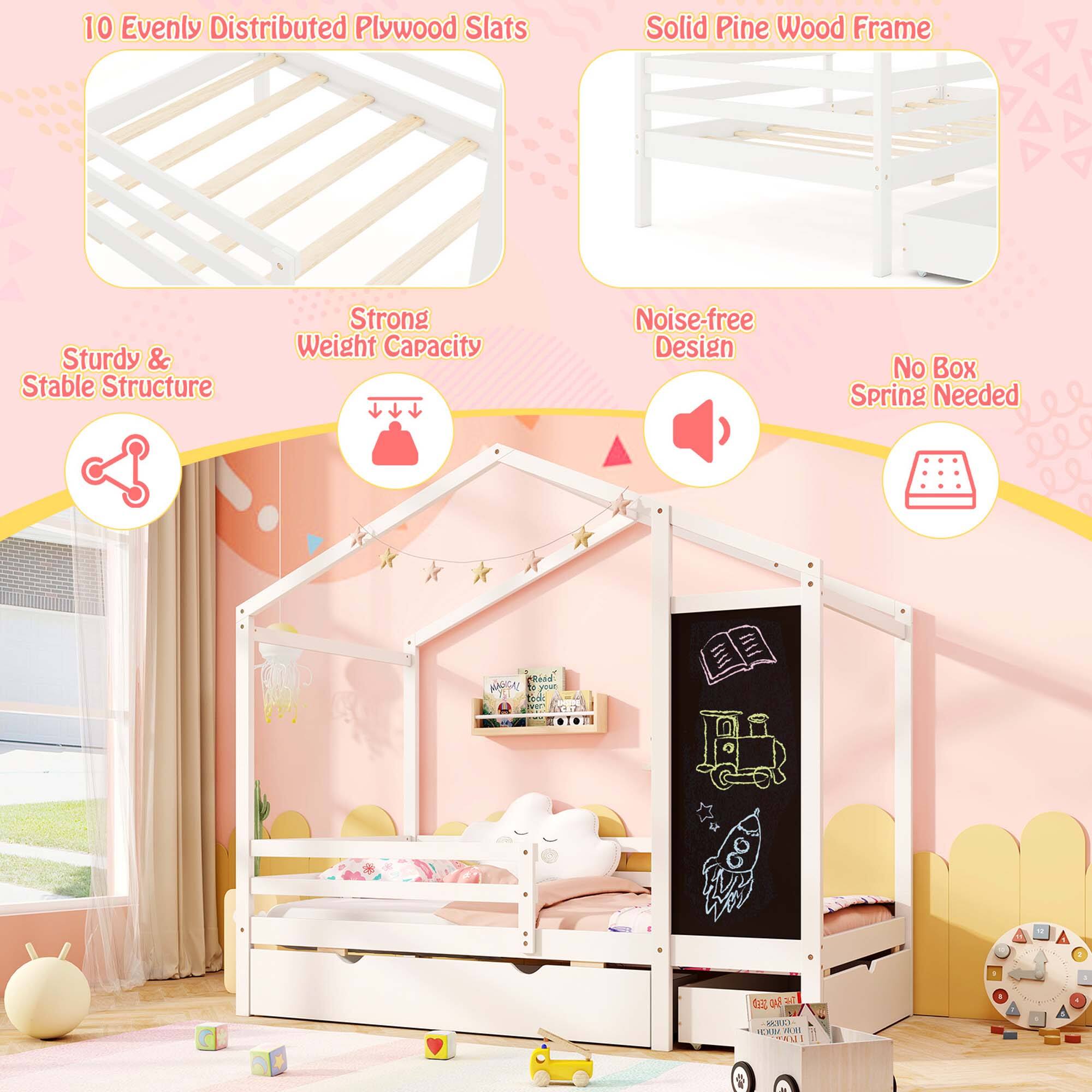 The text on the image reads: "10 Evenly Distributed Plywood Slats Solid Pine Wood Frame Sturdy & Stable Structure Strong Weight Capacity Noise-free Design No Box Spring Needed."