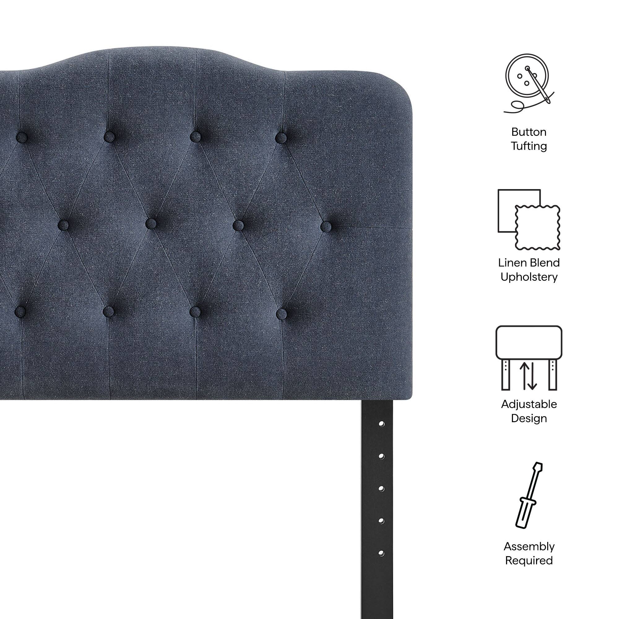 Button Tufting  
Linen Blend Upholstery  
Adjustable Design  
Assembly Required