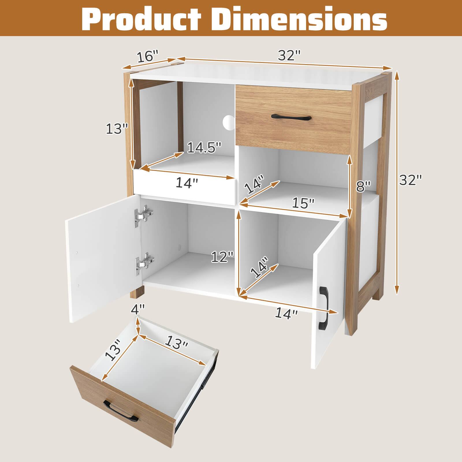 Product Dimensions:  
- Height: 32"  
- Width: 32"  
- Depth: 16"  
- Top Shelf: 14.5" (width) x 13" (depth)  
- Second Shelf: 15" (width) x 14" (depth)  
- Third Shelf: 14" (width) x 12" (depth)  
- Bottom Shelf: 14" (width) x 14" (depth)  
- Drawer: 13" (width) x 13" (depth) x 4" (height)