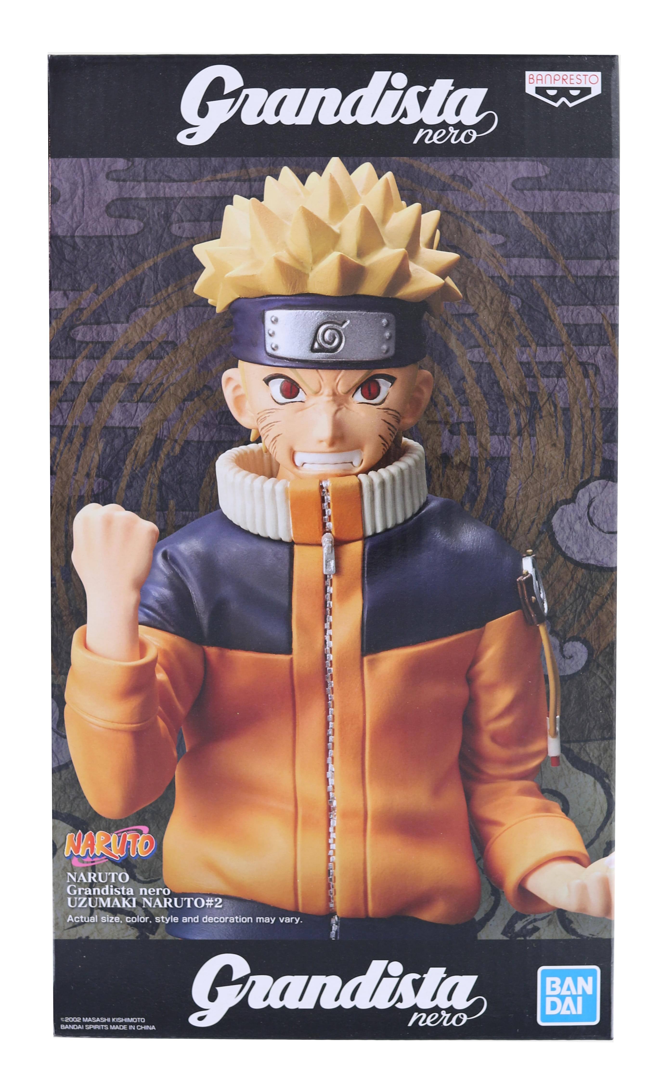 Sure, here is the corrected and grouped text from the image:

---

**Grandista nero**

**NARUTO**  
**NARUTO Grandista nero**  
**UZUMAKI NARUTO#2**

Actual size, color, style and decoration may vary.

**©2002 MASASHI KISHIMOTO**  
**BANDAI SPIRITS MADE IN CHINA**

**BANPRESTO**  
**BAN DAI**

---
