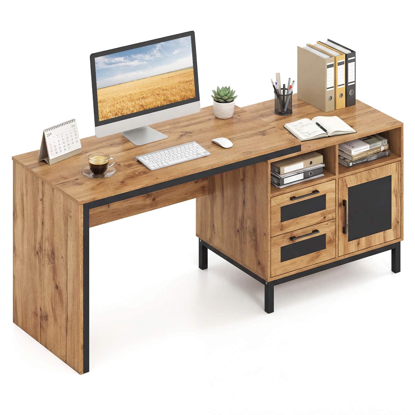Costway - 71" Executive Desk with Open Compartments, Storage Drawers & Single-Door Cabinet - Natural