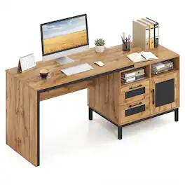 Costway - 71" Executive Desk with Open Compartments, Storage Drawers & Single-Door Cabinet - Natural