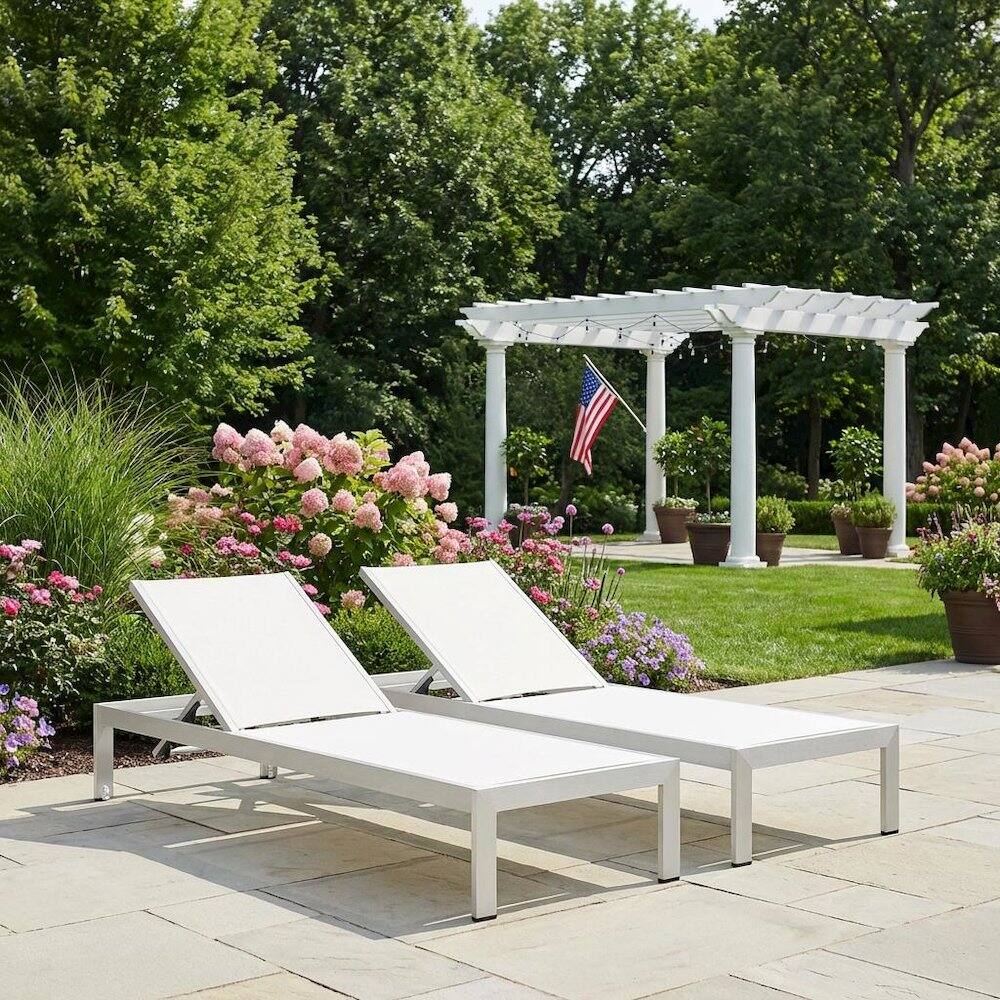Left. Outdoor Escape - Set Of 2 Outdoor Aluminum Lounge Chairs With Cushioned Seats - White.