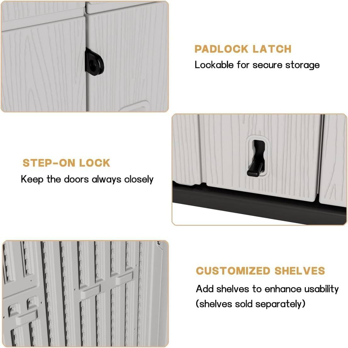 PADLOCK LATCH  
Lookable for secure storage  

STEP-ON LOCK  
Keep the doors always closely  

CUSTOMIZED SHELVES  
Add shelves to enhance usability  
(shelves sold separately)