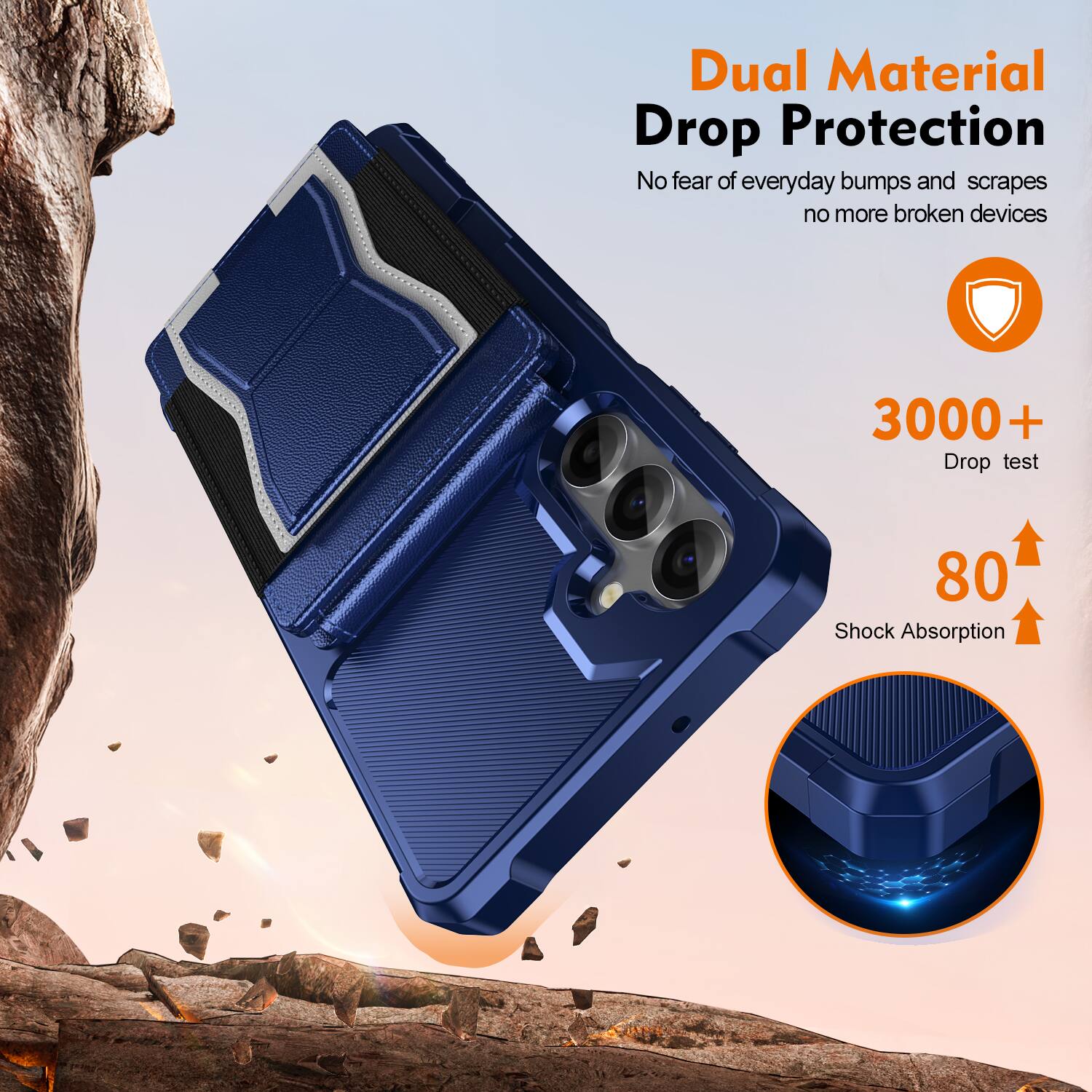 Dual Material Drop Protection  
No fear of everyday bumps and scrapes, no more broken devices  

3000+ Drop test  
80 Shock Absorption