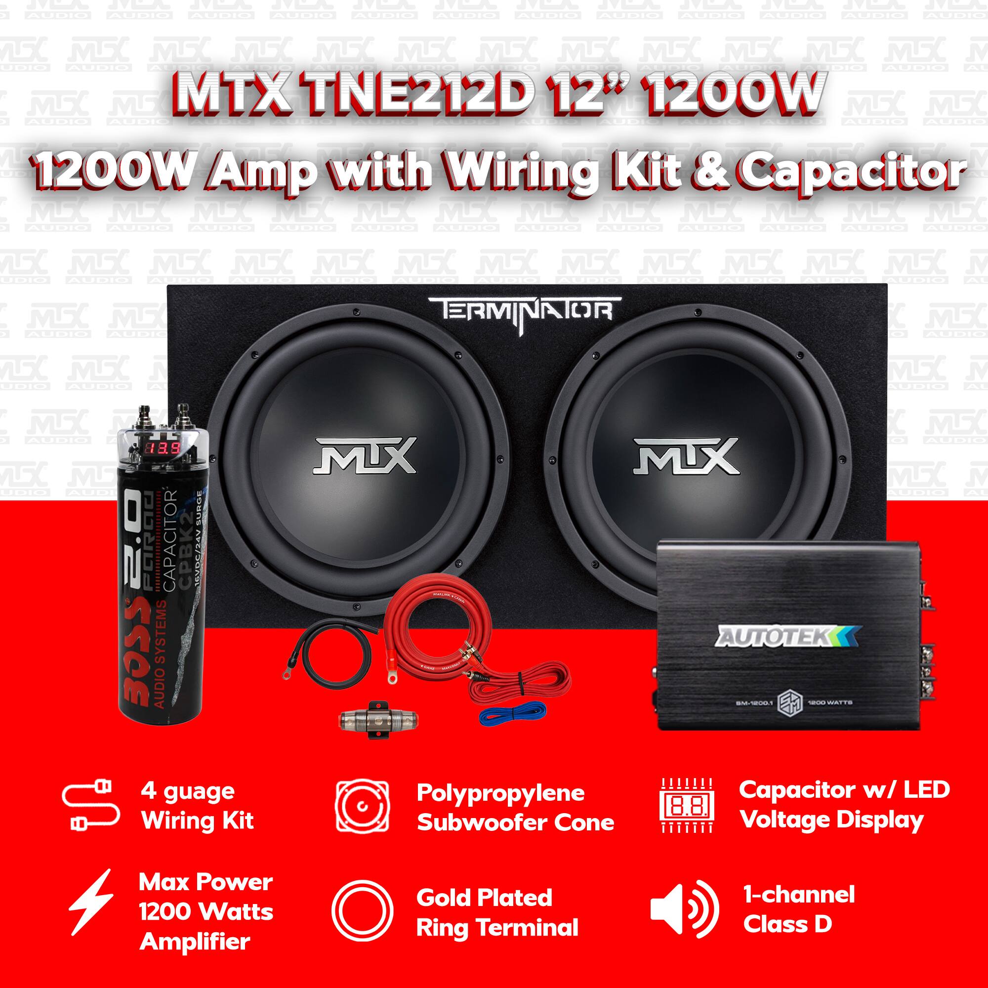 MTX TNE212D 12" 1200W  
1200W Amp with Wiring Kit & Capacitor  

- 4 gauge Wiring Kit  
- Polypropylene Subwoofer Cone  
- Max Power 1200 Watts Amplifier  
- Gold Plated Ring Terminal  
- Capacitor w/ LED Voltage Display  
- 1-channel Class D