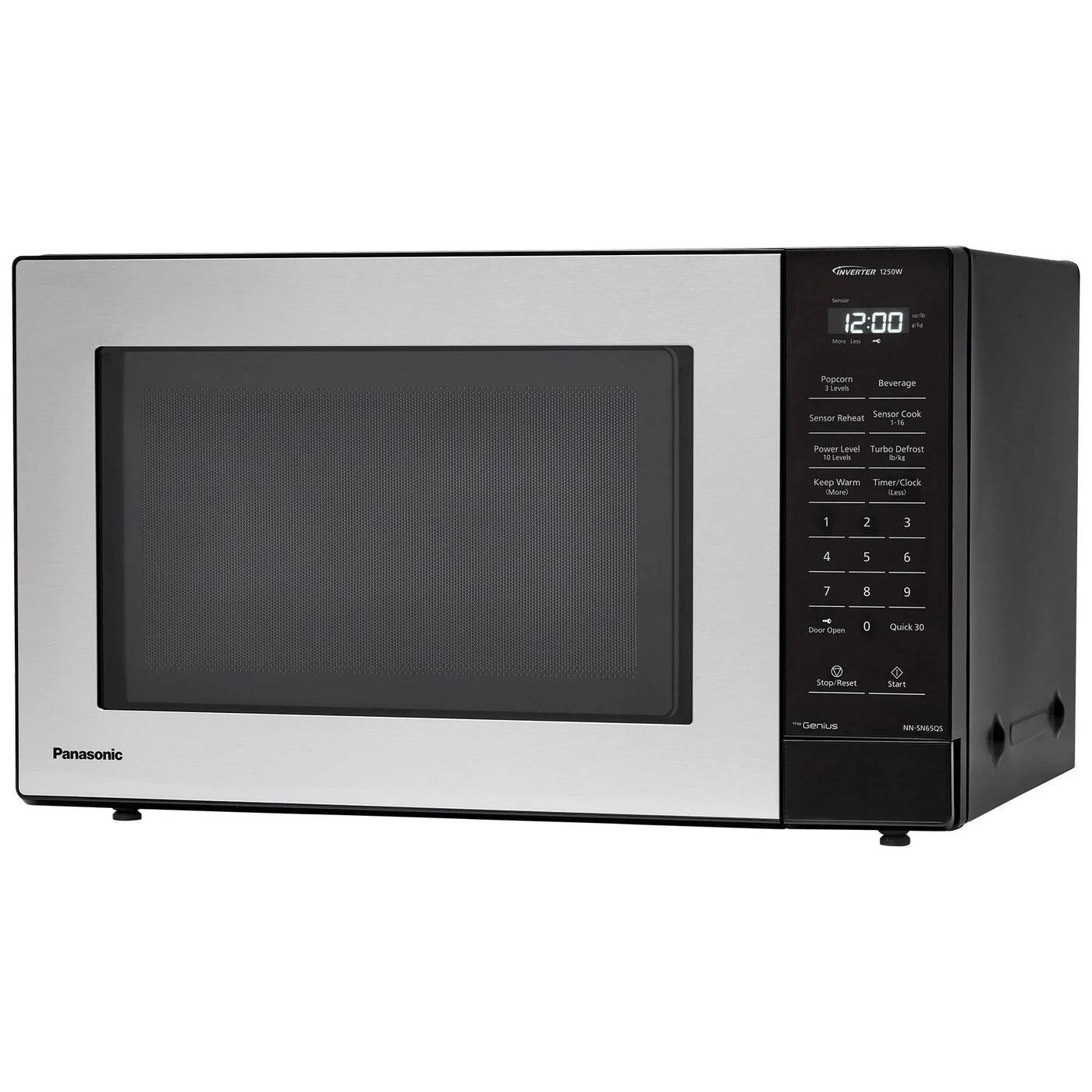 INVERTER USN - 12:00 - Popcorn Beverage Sensor Reheat Sensor Cook Power Level Turbo Defrost Keep Warm Timer/Clock Door Open 1 2 3 4 5 6 7 8 9 0 Quick 30 Stop/Reset Start Genius iNss Panasonic