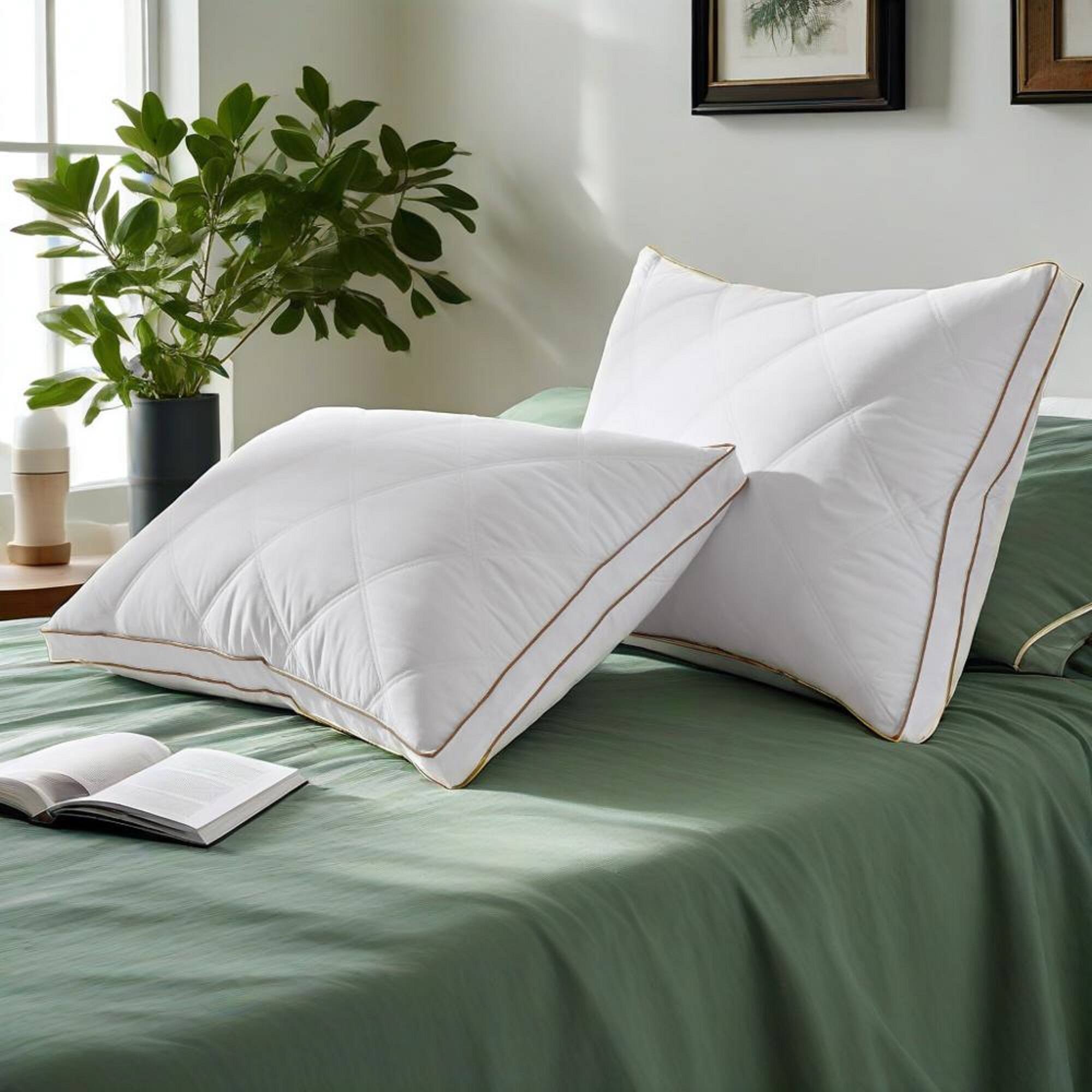 Left. Peace Nest - Peace Nest Set of 2 Goose Feather and Down Gusseted Bed Pillow with Diamond Quilting Breathable Cover - White.