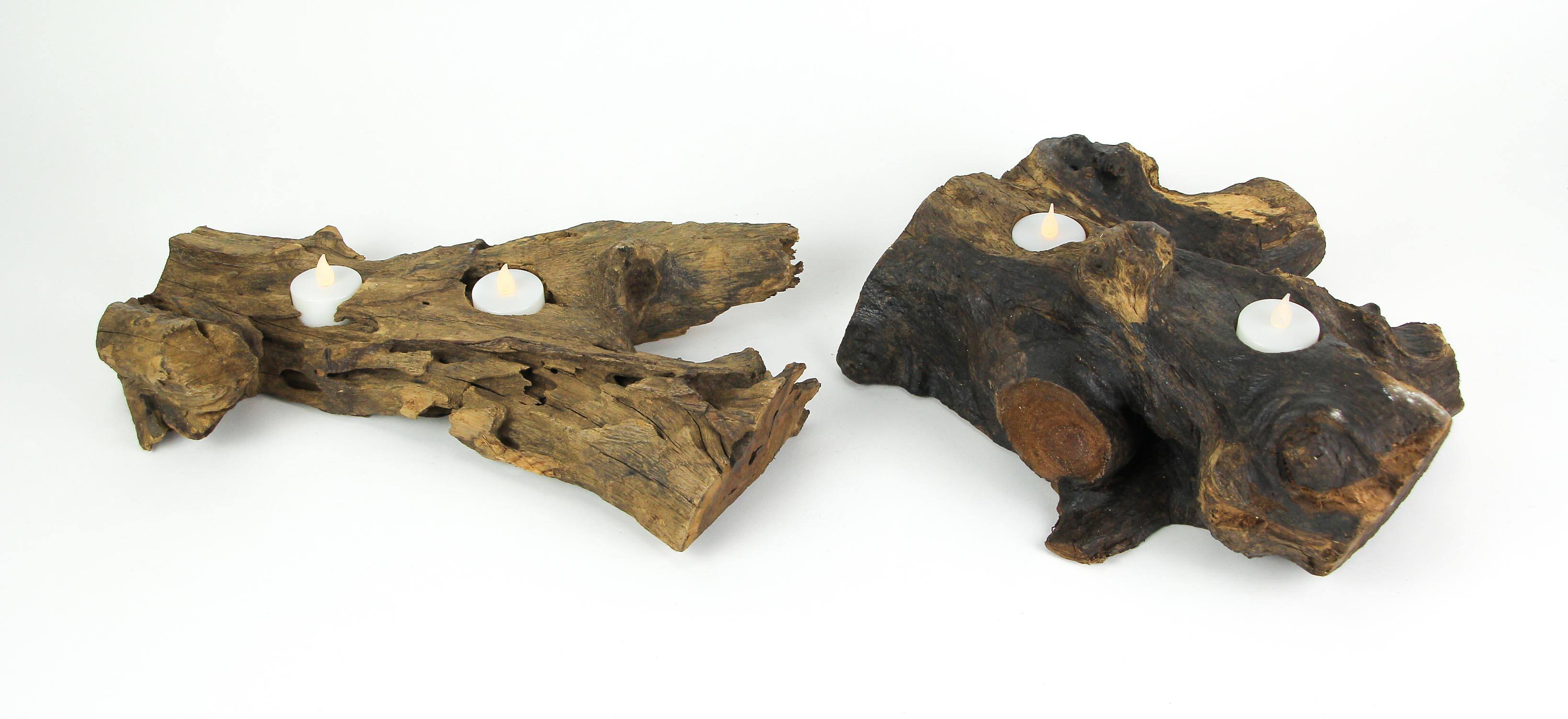 Alt View 1. Things2Die4 - Set of 2 Natural Gamal Root Wood Double Tealight Candle Holders - Large - Brown.