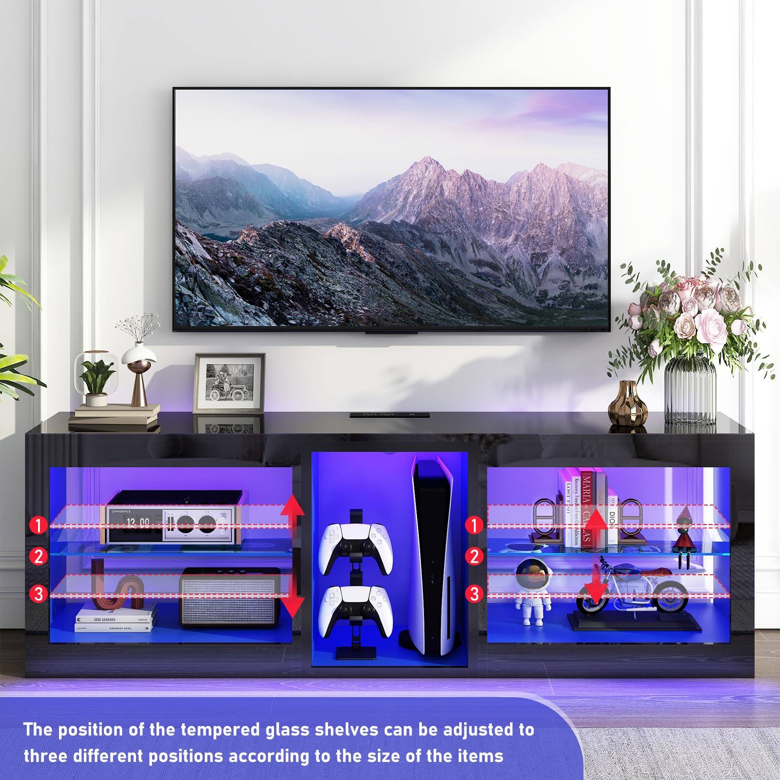 1 2  
(55,000)  
1 2  

Snictry.  
MARIA CA AS  
DIOR  
3  
3  

The position of the tempered glass shelves can be adjusted to three different positions according to the size of the items