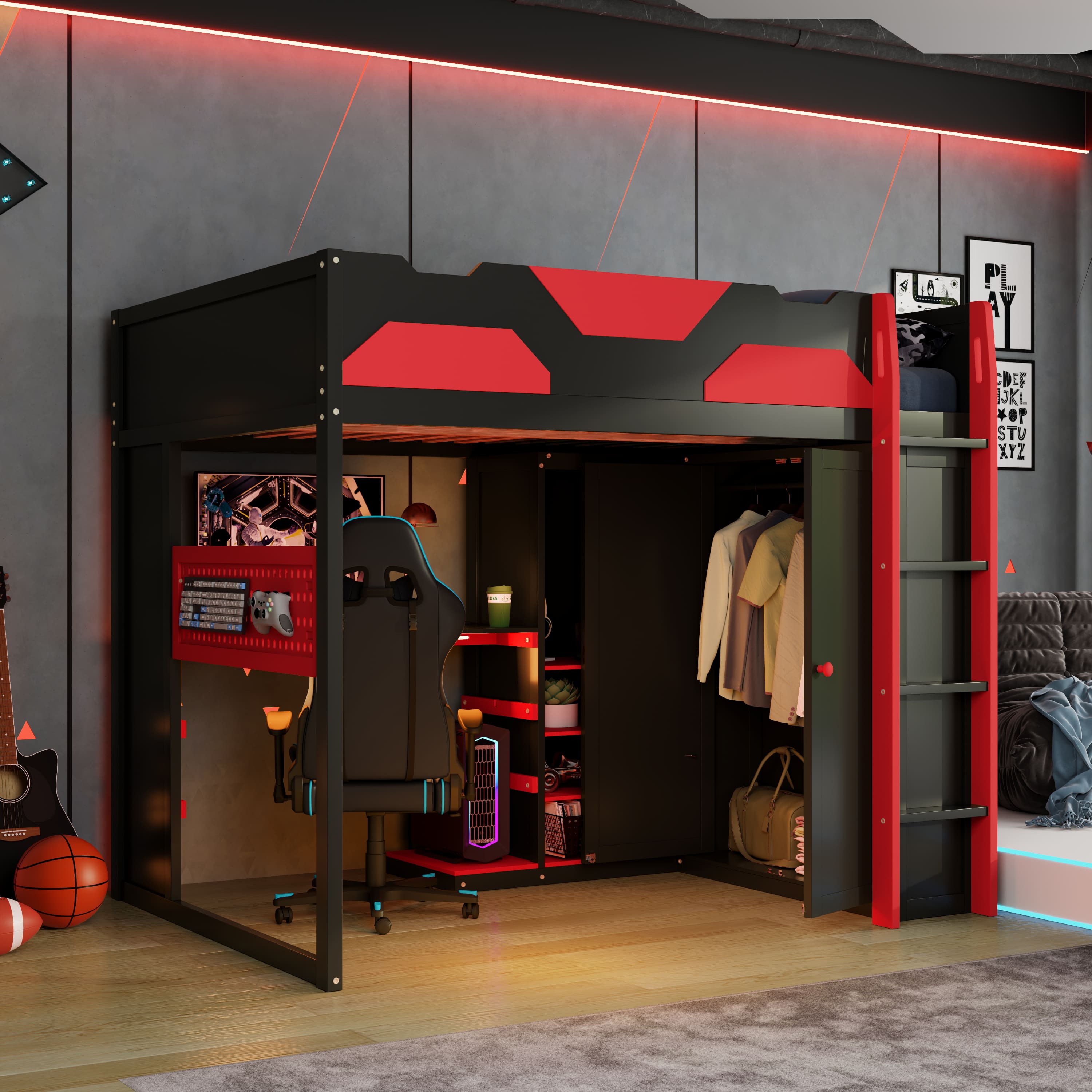 Anysun - Full Size Wood Loft Bed with Desk, Multi-storage Shelves,USB and RGB Light - Red