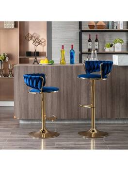 Trinkets Crazed - Gold Bar Stools Set Of 2, 360° Swivel Bar Stools Counter Height Bar Stools, Velvet Adjustable Height Barstools - Blue