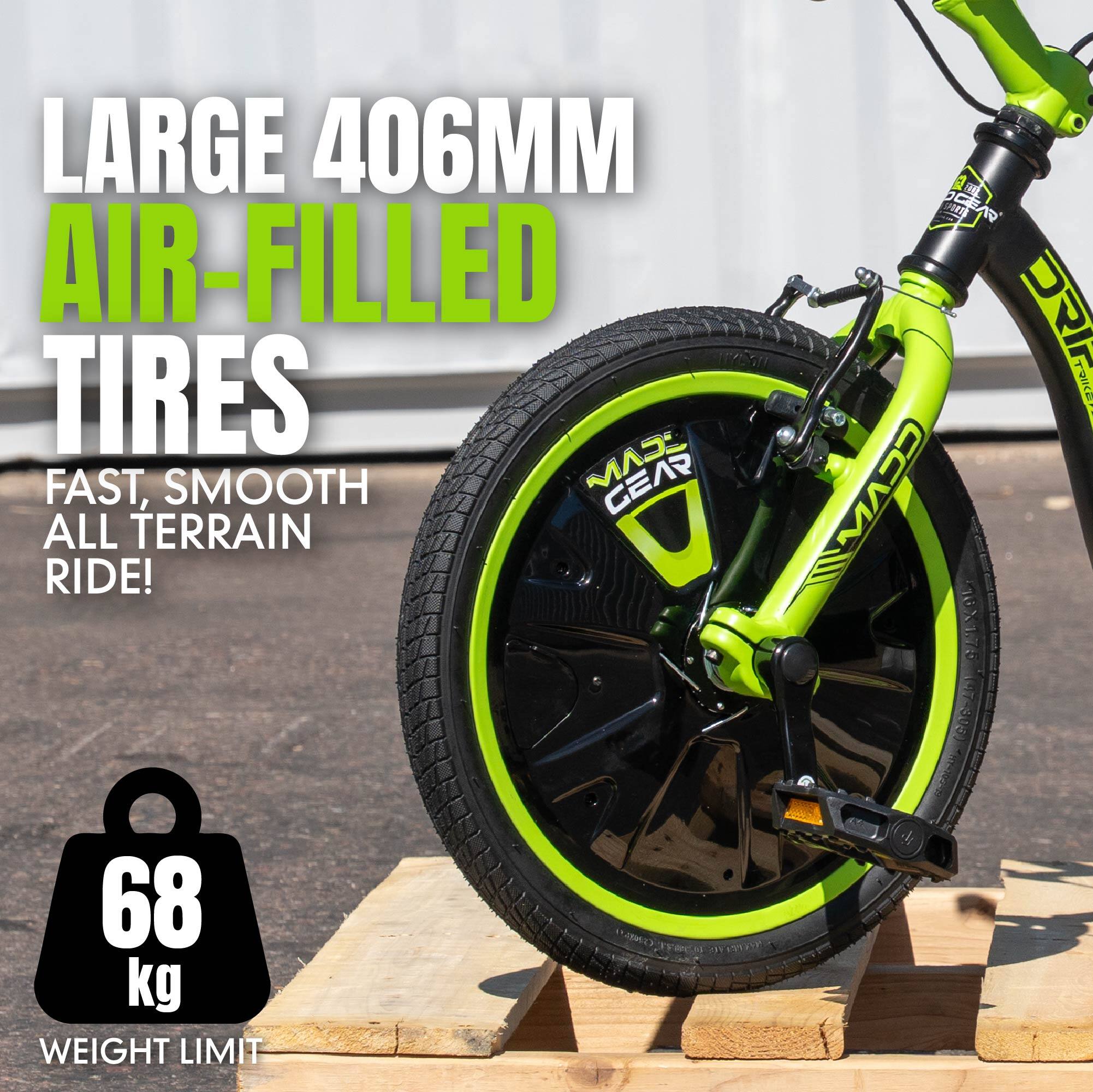 LARGE 406MM AIR-FILLED TIRES FAST, SMOOTH ALL TERRAIN RIDE!  
EZ m. SPORT OCEAN AR DRIKEY 18X1.75 (Lx305)  
68 kg WEIGHT LIMIT