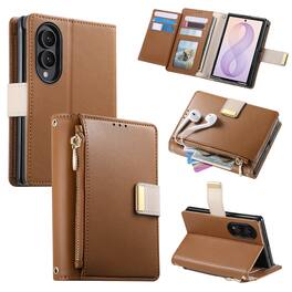 UUCOVER - Magnetic Zipper Wallet Case for Samsung Galaxy Z Fold 8,Shockproof Leather+PC Card Slots Wallet Case Stand Cover - Brown