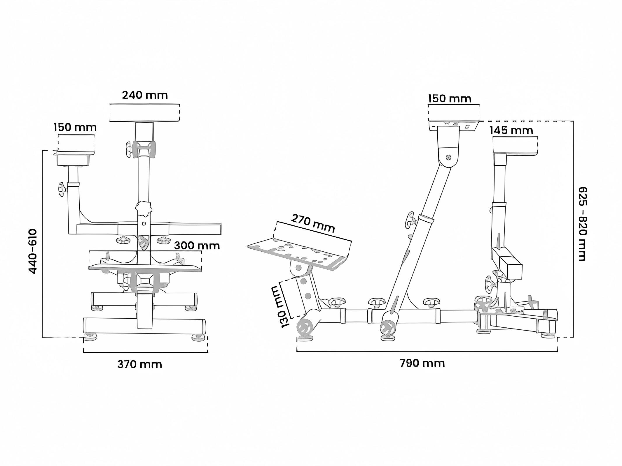 - 240 mm
- 150 mm
- 150 mm
- 145 mm
- 440-610 mm
- 300 mm
- 270 mm
- 130 mm
- 625-820 mm
- 370 mm
- 790 mm