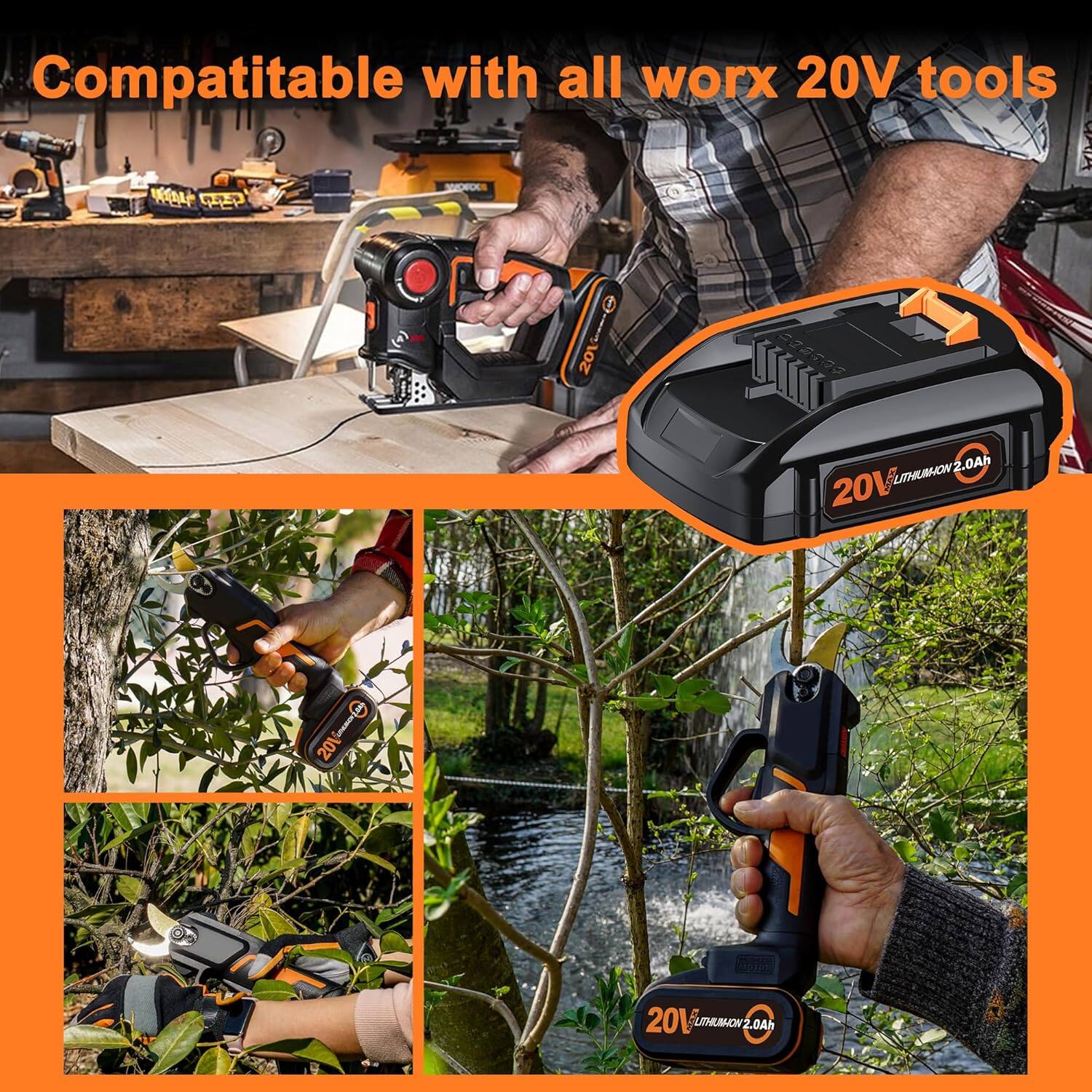 Compatible with all WORX 20V tools  
20V LITHIUM 2.0Ah
