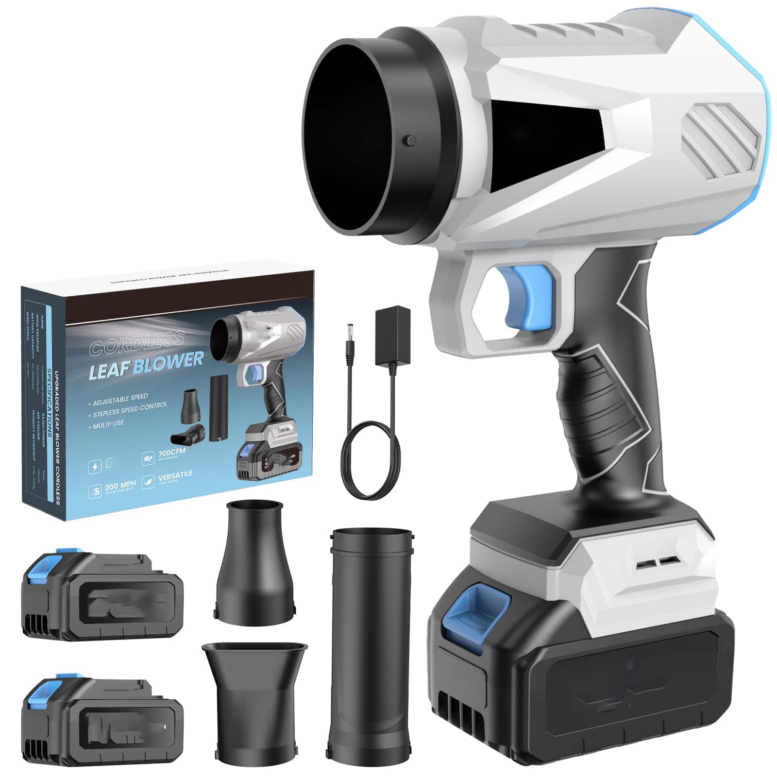 GlowWise - Upgraded 800K RPM cordless leaf blower with 2 batteries & charger. For lawn, garage leaves, dust, or snow - Gray