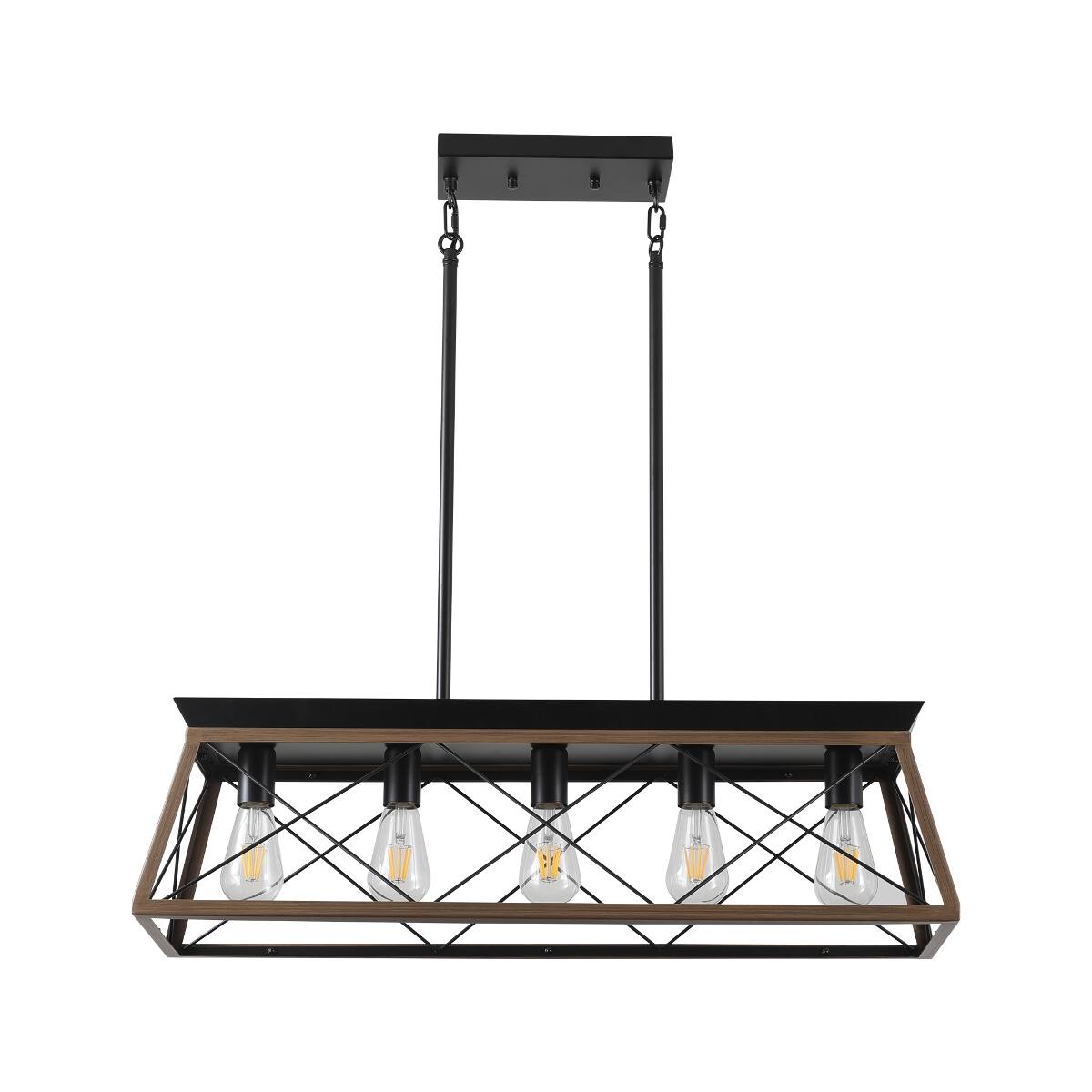 Alt View 6. Loheer - Loheer 32 inch Walnut Pendant Chandelier, Five Light Industrial Metal Cage for Dining Room or Kitchen.