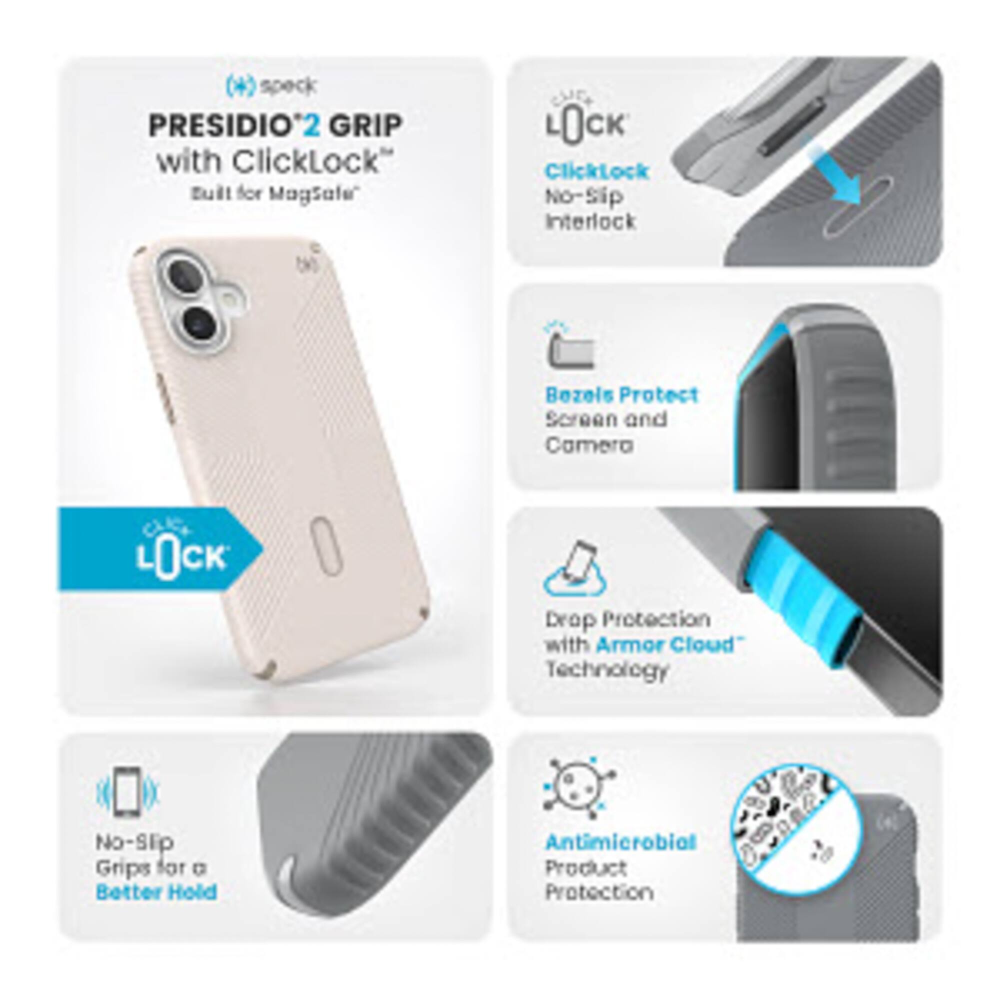 Presidio 2 Grip with ClickLock: A tuil for Magsale CUES, featuring a no-slip interlock bezels, protecting the screen and camera. The product also offers drop protection with Armor Cloud technology and no-slip grips for a better hold. Additionally, it has antimicrobial product protection.