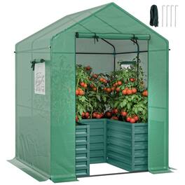 Outsunny - with Raised Garden Bed, Galvanized Steel Outdoor Greenhouse with Roll Up Door