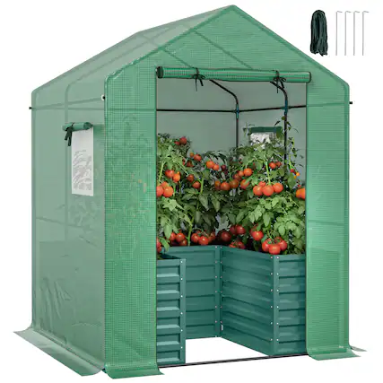 Front. Outsunny - with Raised Garden Bed, Galvanized Steel Outdoor Greenhouse with Roll Up Door.