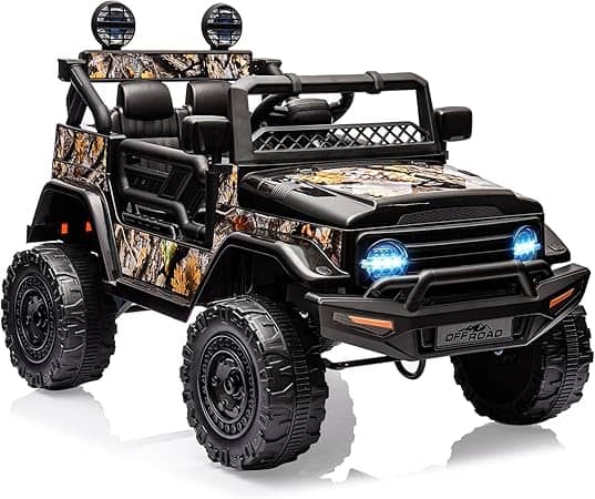 GARVEE - 12V 2-Seater Electric Ride On Truck for Kids, Off-Road Car w/Remote, LED Lights, Music & Suspension， - Black