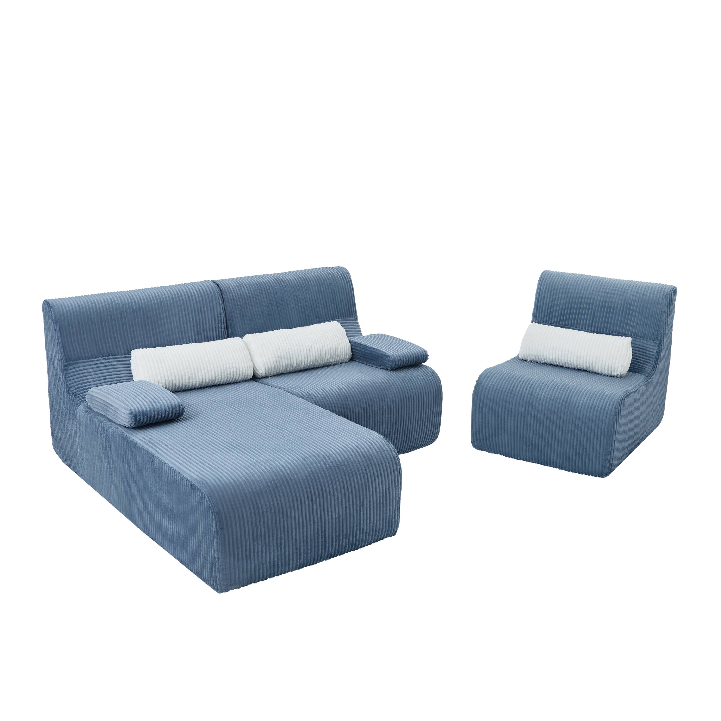 Alt View 1. Whisen - Modular L-Shaped Sectional Compressed Sofa with Soft Corduroy Upholstery, No Assembly Required - Blue.