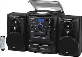 Jensen - Bluetooth 3 Speed Stereo Turntable with 3 CD Changer and Music System with Dual Cassette Deck - Black