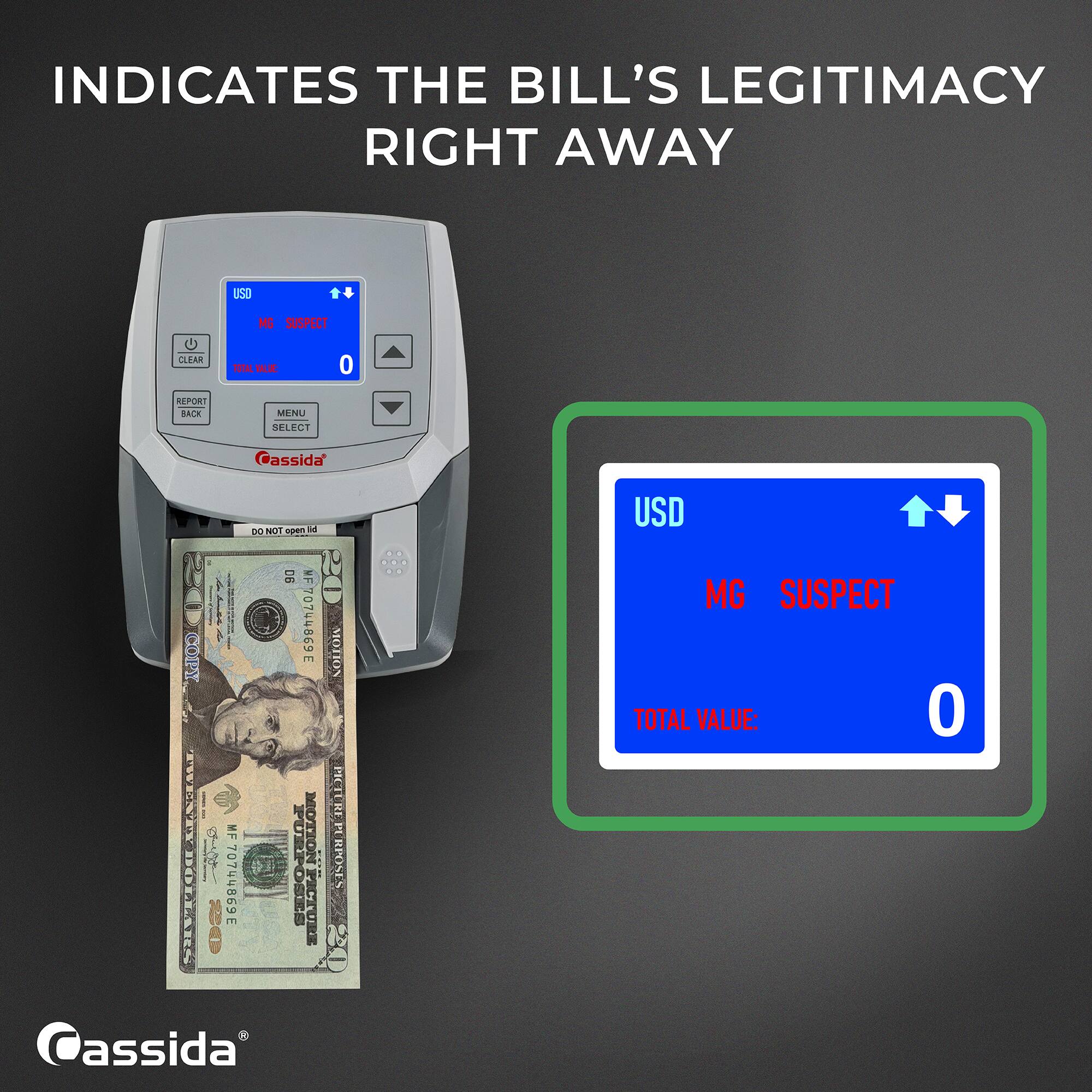 INDICATES THE BILL'S LEGITIMACY RIGHT AWAY

USD
MG SUSPECT
CLEAR
TOTAL VALUE: 0
REPORT BACK
MENU SELECT

Cassida
DO NOT open id D6 MF COPY 70744869 TIVIA Entein MF 70744869E UPPOSES PICTU assida'
MOTION PICTURE PI 18 RPOSES

USD MG SUSPECT TOTAL VALUE: 0