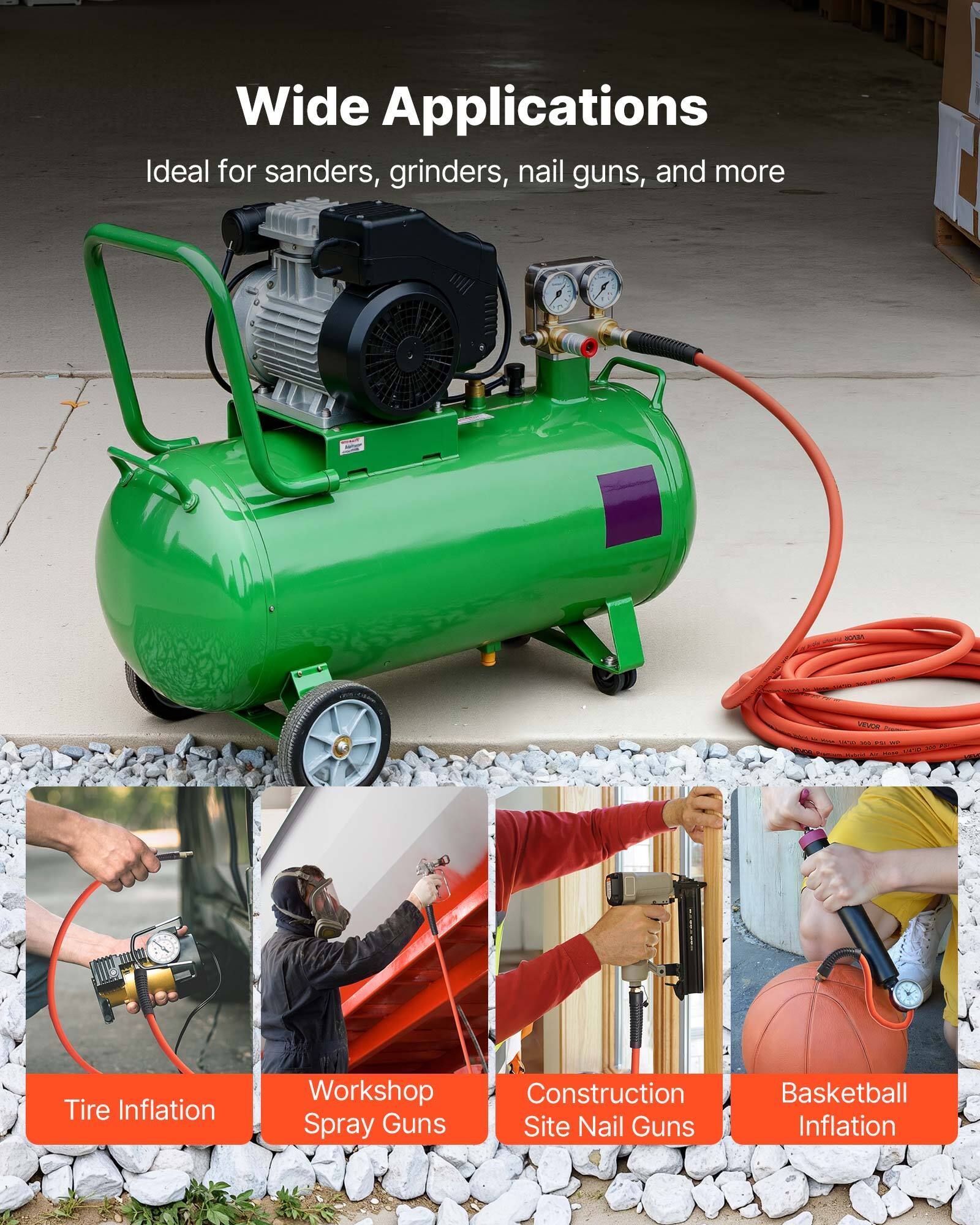 Wide Applications  
Ideal for sanders, grinders, nail guns, and more  

- Tire Inflation  
- Workshop Spray Guns  
- Construction Site Nail Guns  
- Basketball Inflation