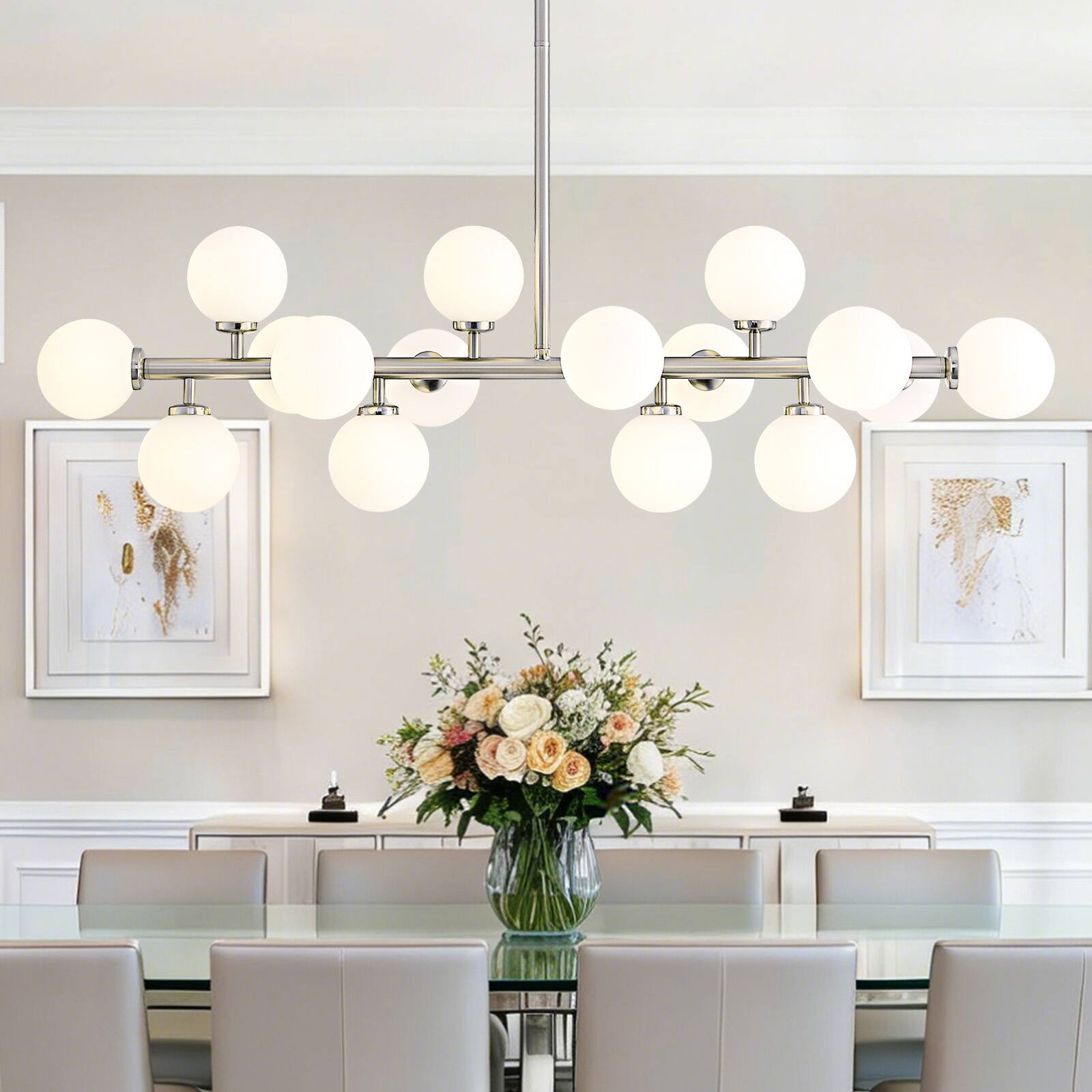 Angle. Siljoy - 39.4" Satin Nickel 16-Light Linear Sputnik Chandelier, Modern Adjustable Pendant for Dining Room Kitchen Island - Nickel.