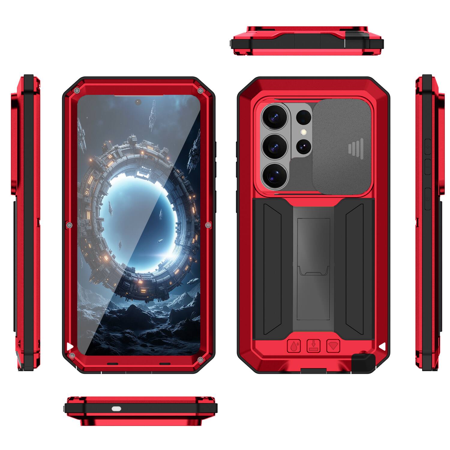 Angle. UUCOVER - Rugged Heavy Duty Case for Samsung Galaxy S26 Ultra with Screen Protector Shockrpoof Metal+TPU Sliding Lens Stand Cover - Red.