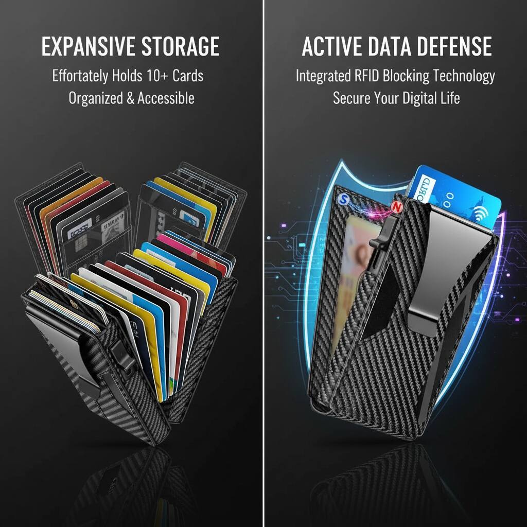 EXPANSIVE STORAGE  
Effortlessly Holds 10+ Cards  
Organized & Accessible  

ACTIVE DATA DEFENSE  
Integrated RFID Blocking Technology  
Secure Your Digital Life