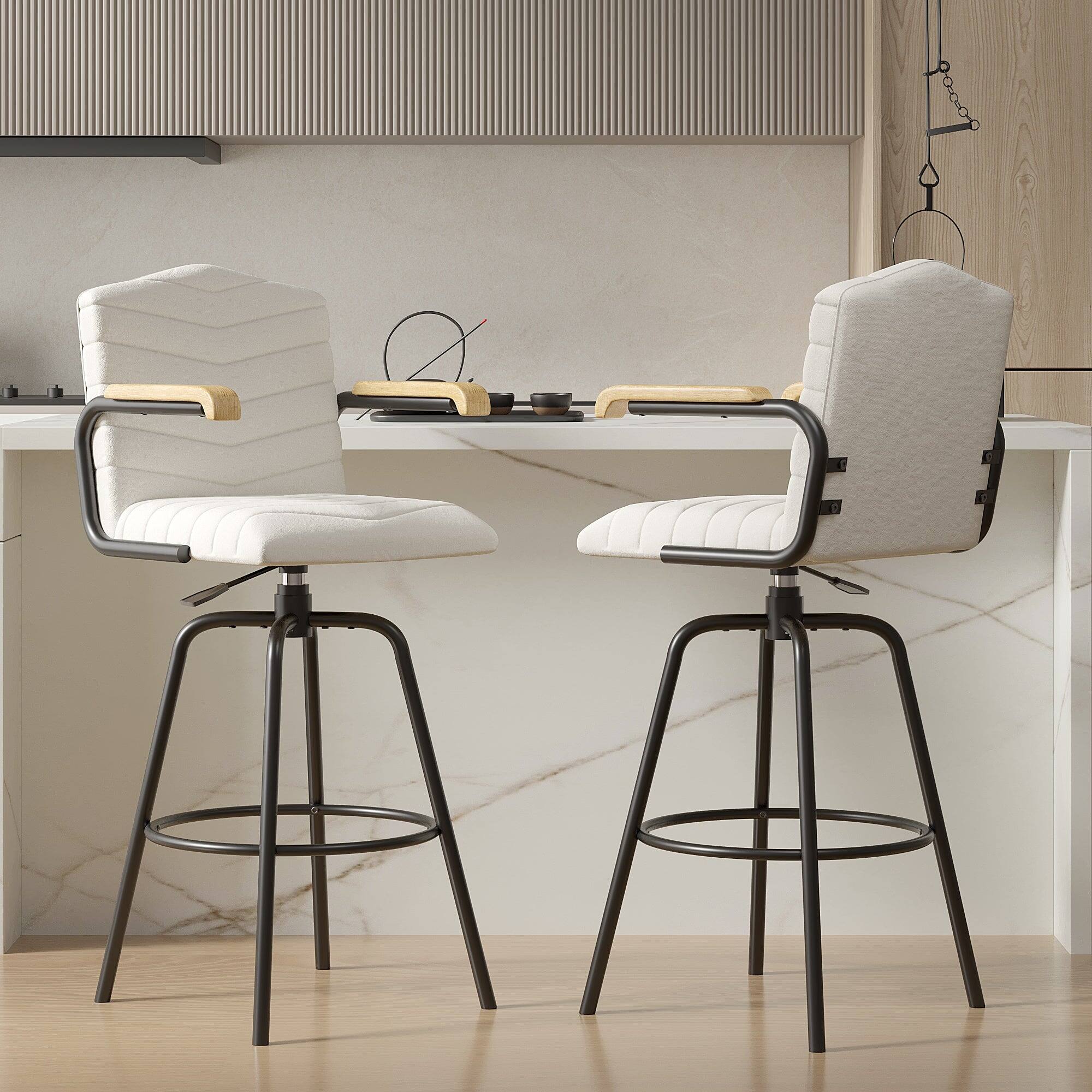 Alt View 2. Vecelo - Beige Velvet Bar Stool Set Of 4 With Arms -Metal Frame, Wooden Arms And Floor Protectors - Beige.
