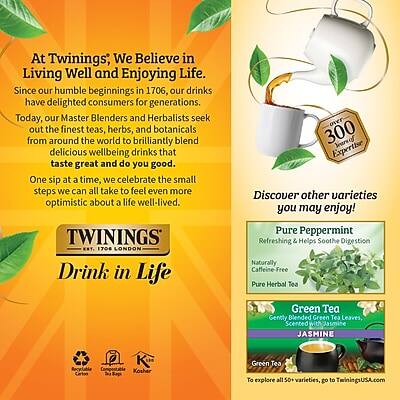 At Twinings, We Believe in Living Well and Enjoying Life. Since our humble beginnings in 1706, our drinks have delighted consumers for generations. Today, our Master Blenders and Herbalists seek out the finest teas, herbs, and botanicals from around the world to brilliantly blend delicious wellbeing drinks that taste great and do you good. One sip at a time, we celebrate the small steps we can all take to feel even more optimistic about a life well-lived.

TWININGS 1706 LONDON

Drink in Life over 300 Years of Expertise

Discover other varieties you may enjoy!

Pure Peppermint
Refreshing & Helps Soothe Digestion Naturally
Caffeine-Free
Pure Herbal Tea

Green Tea
Gently Blended Green Tea Leaves, Scented with Jasmine
JASMINE

Recyclable Compostable Kosher Carton

To explore all 50+ varieties, go to TwiningsUSA.com