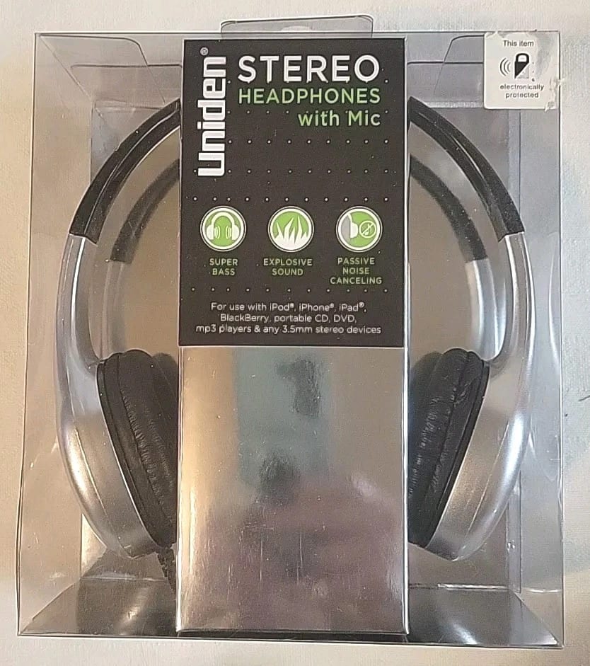 Uniden - Stereo Headphones With Mic Silver - Black