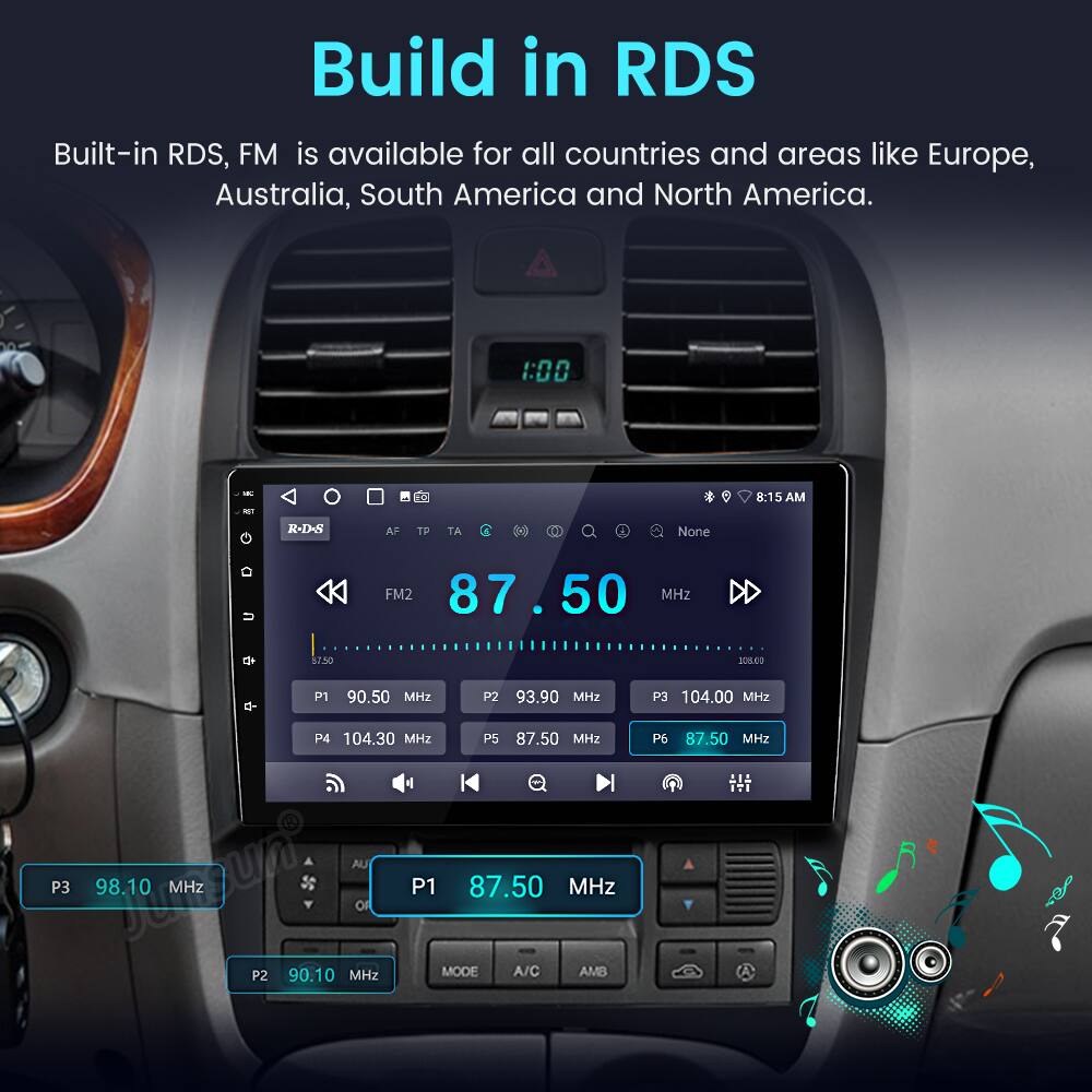 Build in RDS  
Built-in RDS, FM is available for all countries and areas like Europe, Australia, South America and North America.

100 - - 8:15 AM  
R-DN AP TP TA 6 0 A None  
FM2 87.50 MHz  
8Z.NO S0ED -  
P1 90.50 MHz  
P2 93.90 MHz  
P3 104.00 MHz  
P4 104.30 MHz  
PS 87.50 MHz  
AU  
P3 98.10 MHz  
Jumgun  
P1 87.50 MHz  
P2 90.10 MHz  
MODE A/C  
AMB  
P6 87.50 MHz  
ITI