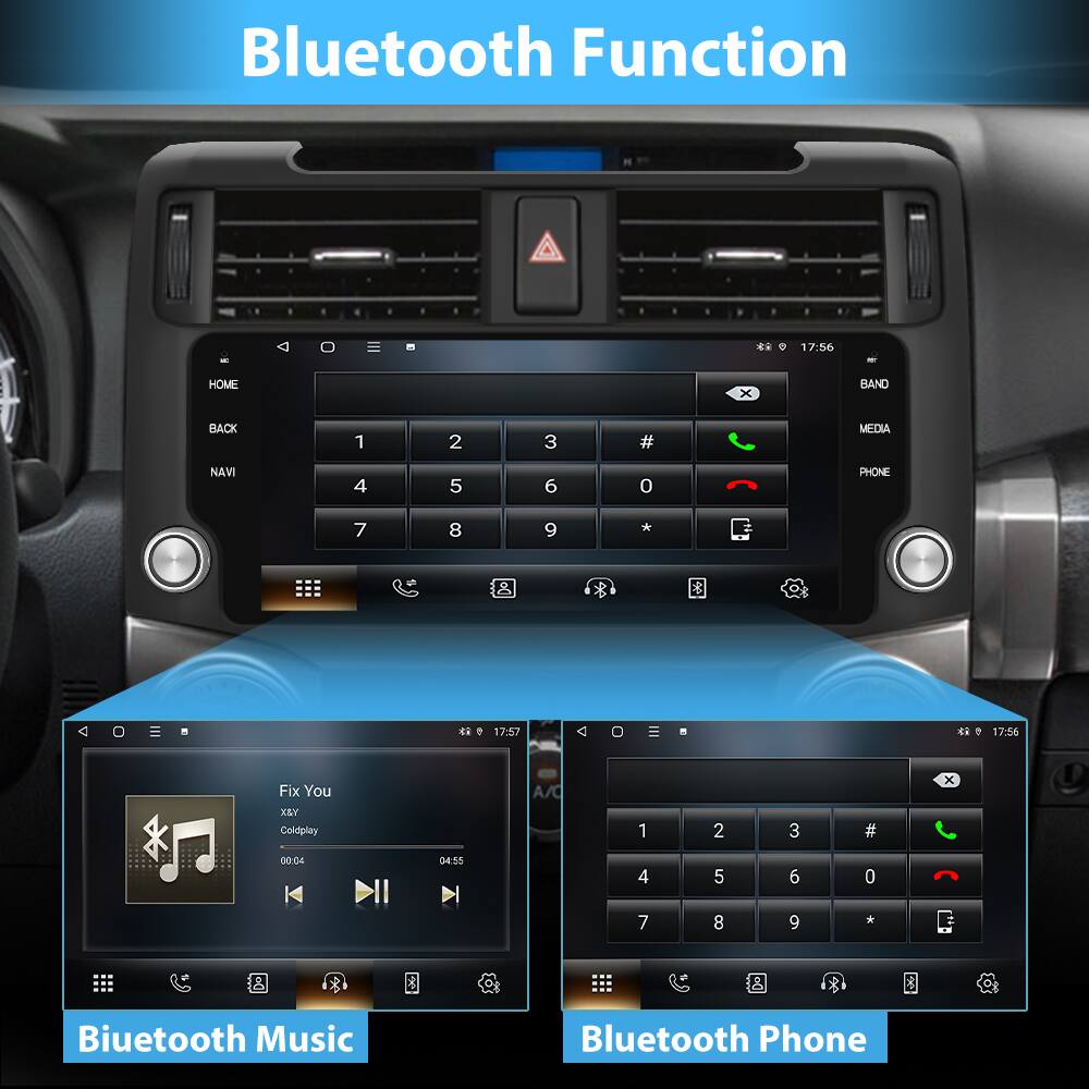 Bluetooth Function

17:56 HOME x BAND BACK 1 2 3 MEDIA NAVI 4 5 6 o PHONE 7 8 9

17:57 4 17:56 Fix You XEY Coldplay A/C 1 2 3 # x 00:04 04:55 4 5 6 0 7 8 9

Bluetooth Music Bluetooth Phone